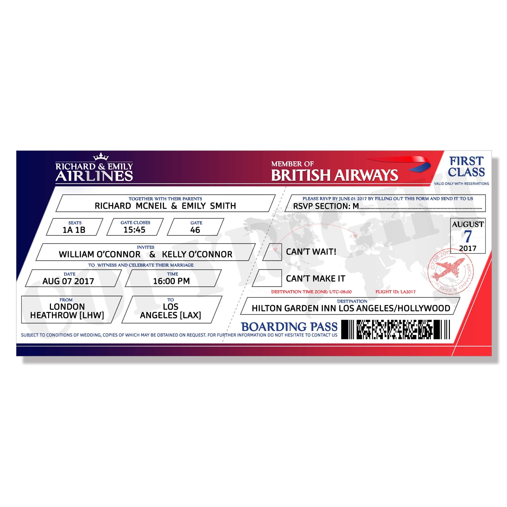10 x Personalised Flight Wedding Birthday Invitations Boarding Pass Mock Tickets