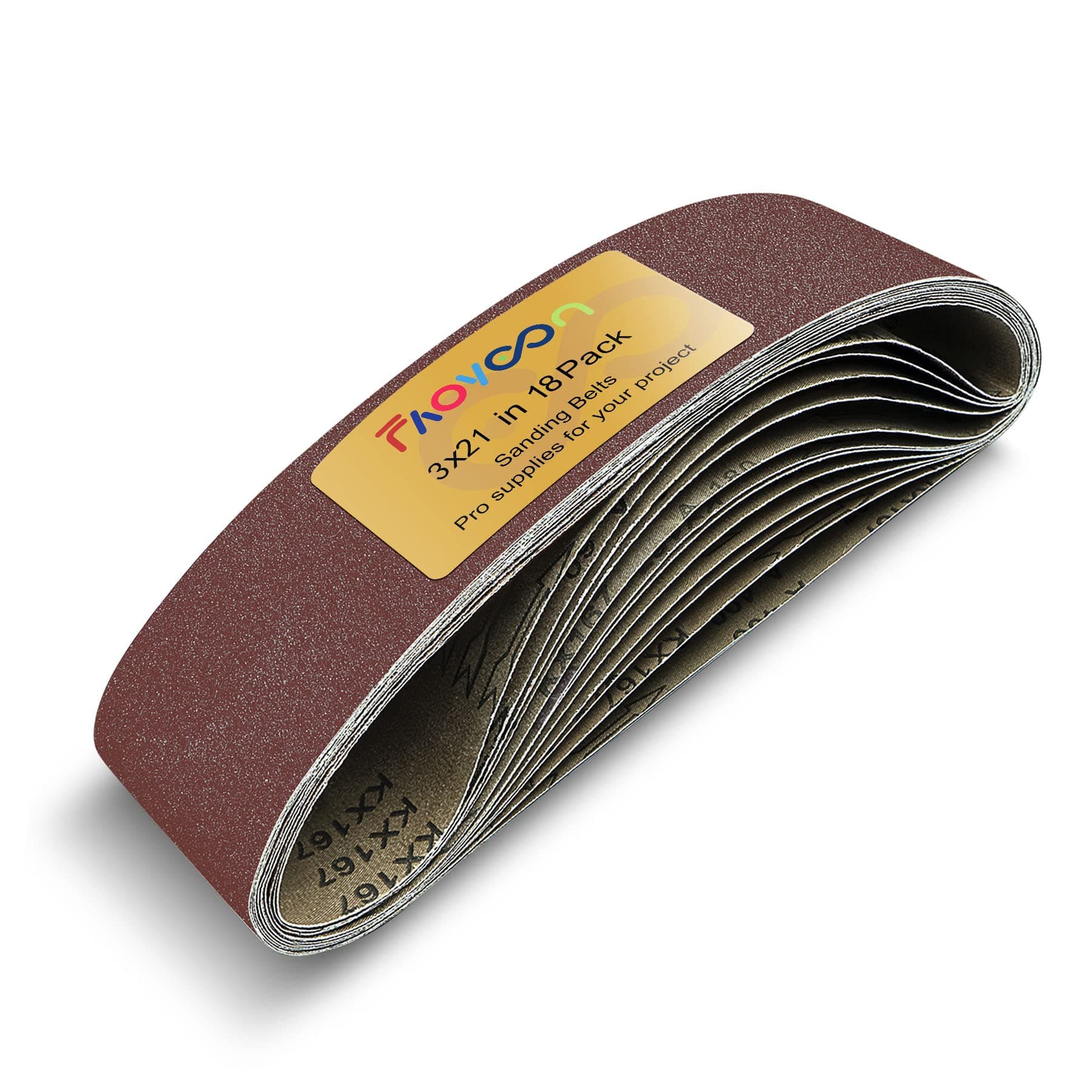 Faoyoon 3x21 Sanding Belts for Woodworking, 18 Pcs Belt Sander Paper for belt sander (3 PCS Of each 60 80 120 180 240 400 Grit), No Overlapped Joint, Reinforced Glue Tape