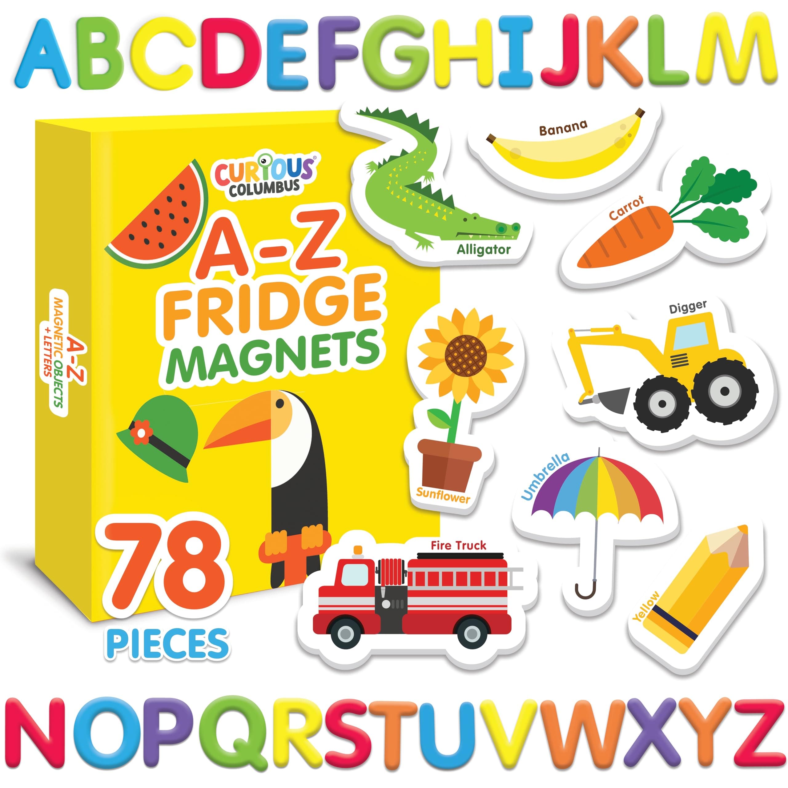 Curious Columbus Magnetic Objects and Letters. Set of 78 Foam Magnets Including 52 Pictures and 26 Uppercase Alphabet Magnets from A-Z. Educational Toy for Preschool Learning