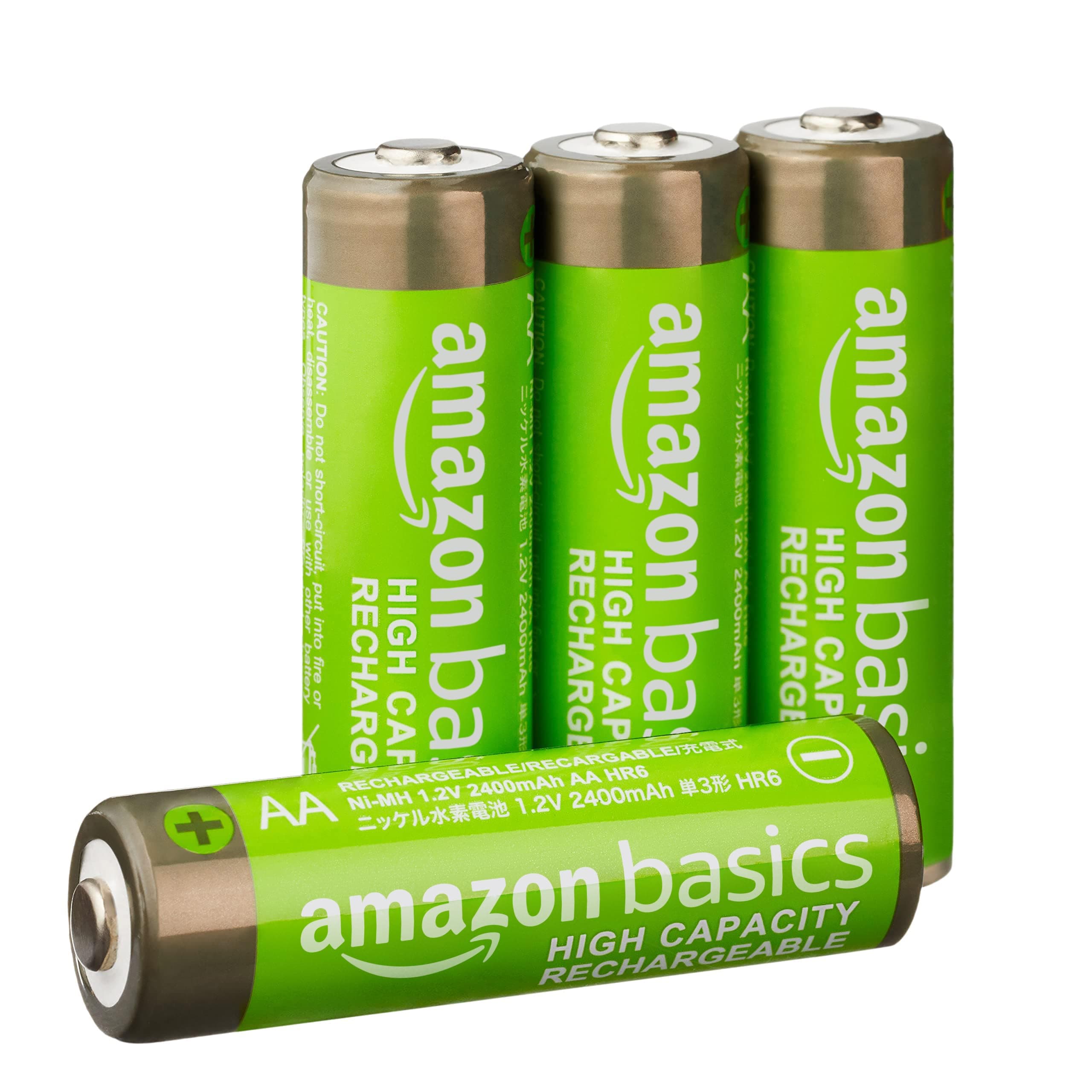 Amazon Basics 4-Pack Rechargeable AA NiMH High-Capacity Batteries, 2400 mAh, 1.2V, Recharge up to 400x Times, Pre-Charged