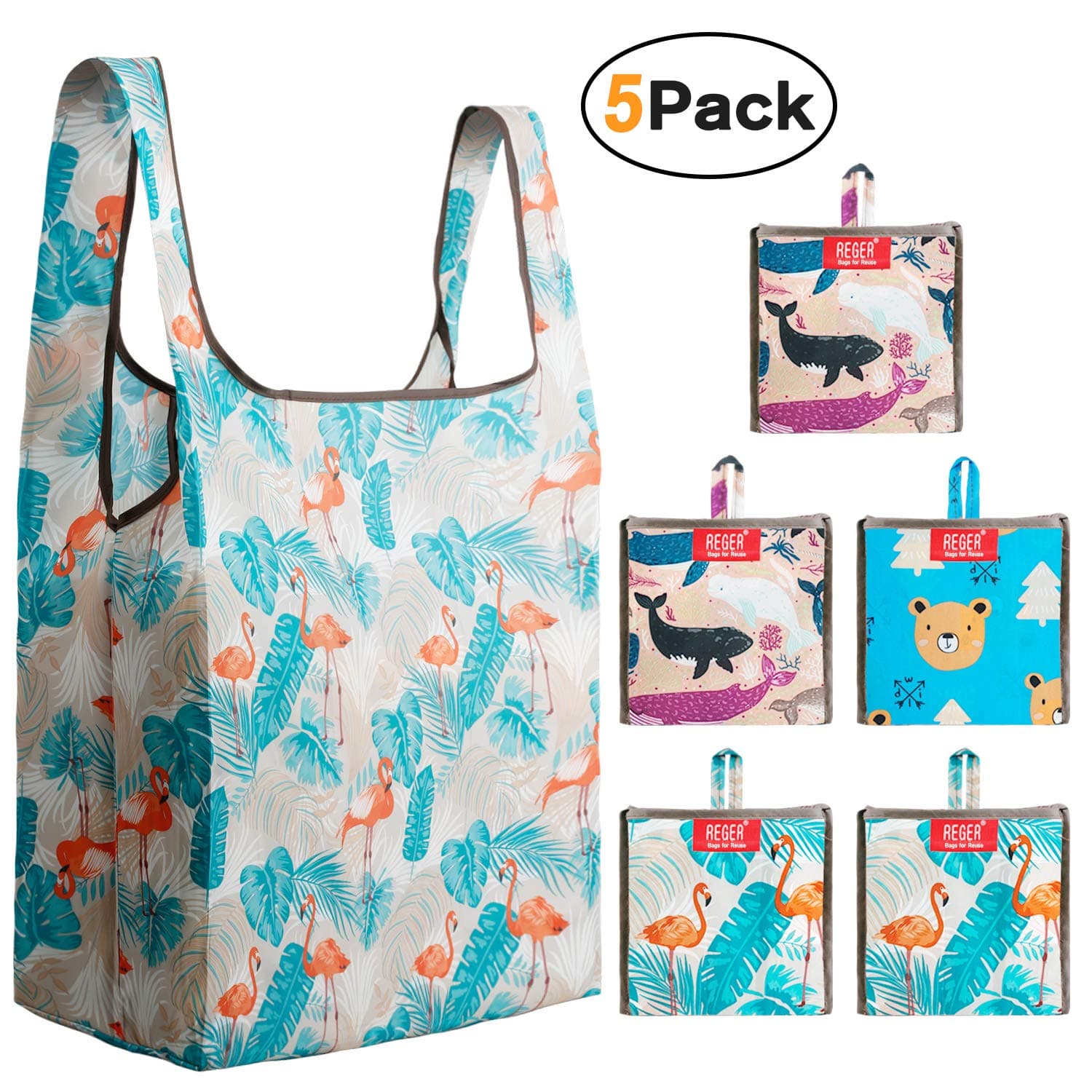 REGER Reusable Bags Grocery Shopping Fabric Bags Bulk Foldable into Attached Pouch 50 Lbs X Larger Reusable Gift Bags Washer Washable Cloth Bags Flamingo Whale Bear