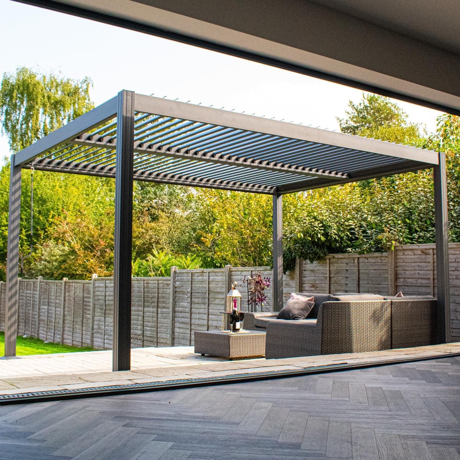 BPS® Deluxe Full Aluminium Pergola | Dual Zone Louvred Roof | Built in Drainage | Clip in Louvres | Garden Canopy | Sun Shade | Anthracite Grey 4x3m