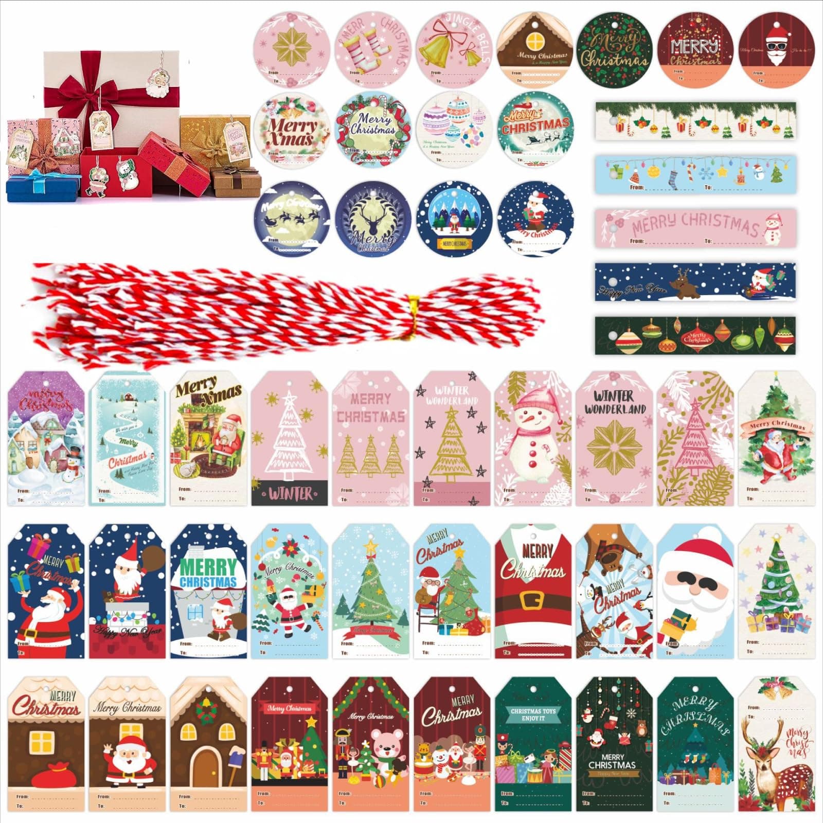 Vurtboly 50pcs Christmas Gift Tags, Christmas Hanging Tags Label for Christmas Gift DIY Decorations Present Wrapping with Rope for Personalizing Holiday Presents, Christmas Name Tag Sticker (Painting)