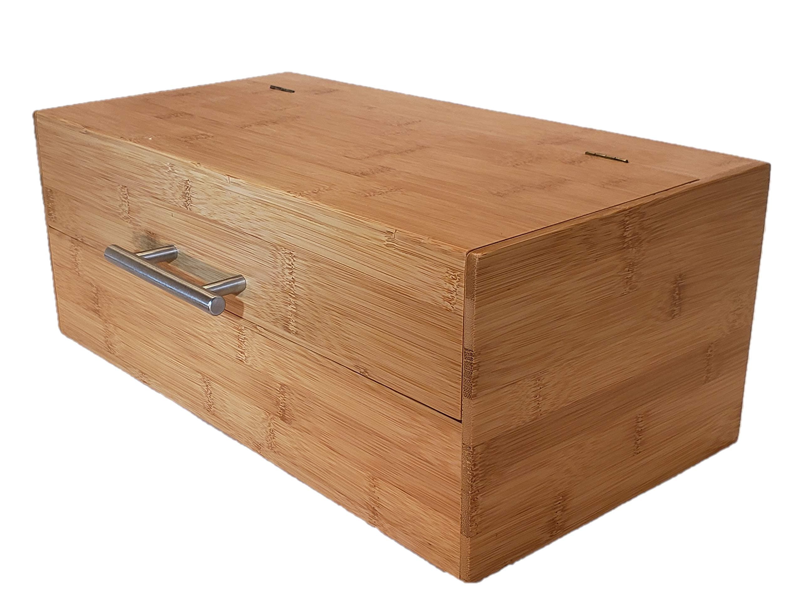 Natural Bamboo Wood Storage Box | Large Bread Box | Kitchen Countertop Organizer | Hinged Lid with Handle