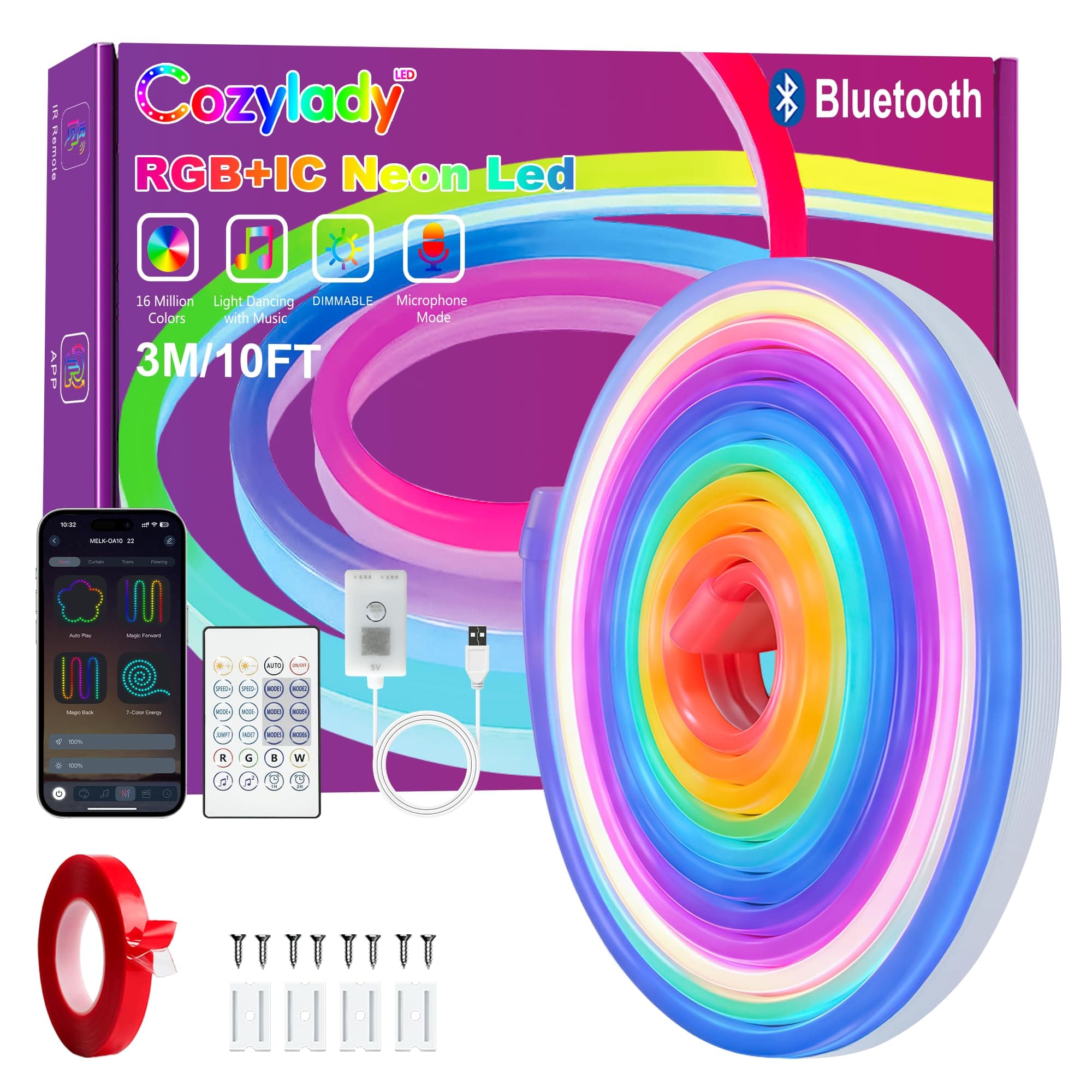 Cozylady USB RGB-IC Neon Rope Lights 3m,Waterproof 10ft LED Neon Lights Control with App/Remote,Music Sync Flexible Rope Lights Multiple Modes,Outdoor Neon Strip Lights for Bedroom Gaming