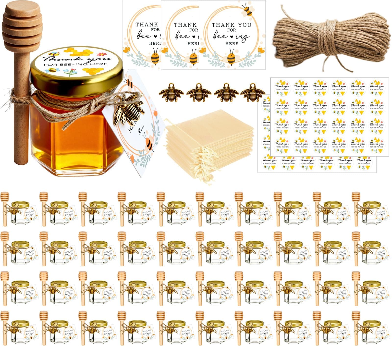 Adabocute Honey Pot, Mini Honey Jars with Wood Dipper, Gold Lid, Bee Pendants, Beige Gift Bags, Thanks for Beeing Here Tags, Ideal for Baby Showers & Wedding Favors, 40 Pack