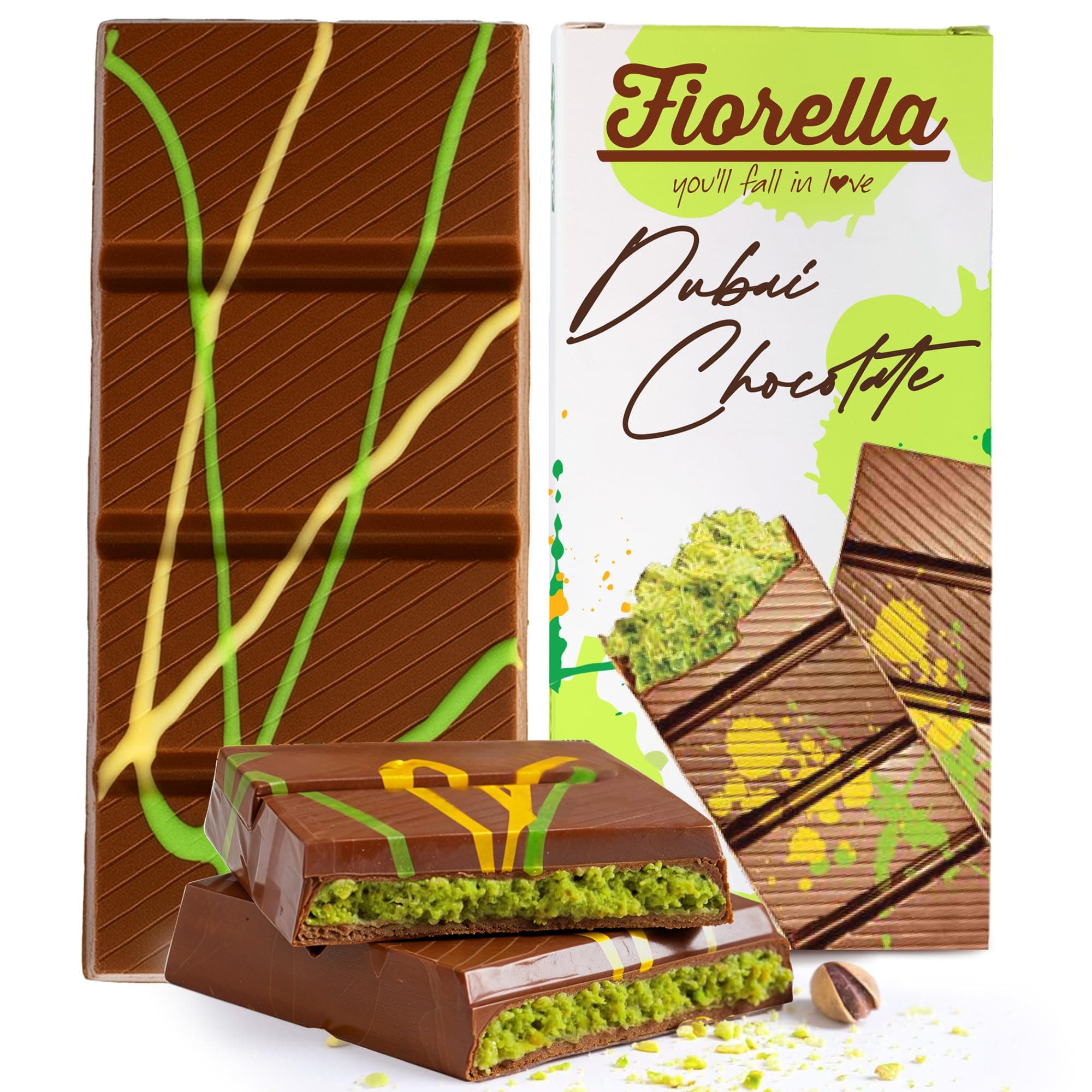 - Fiorella Dubai Chocolate Bar Pistachio, Luxury & Premium Dubai Milk Chocolate Bar Filled with Pistachio Butter & Shredded Knafeh Kadayif, Snacks for Kids & Adults - 7.05 Oz