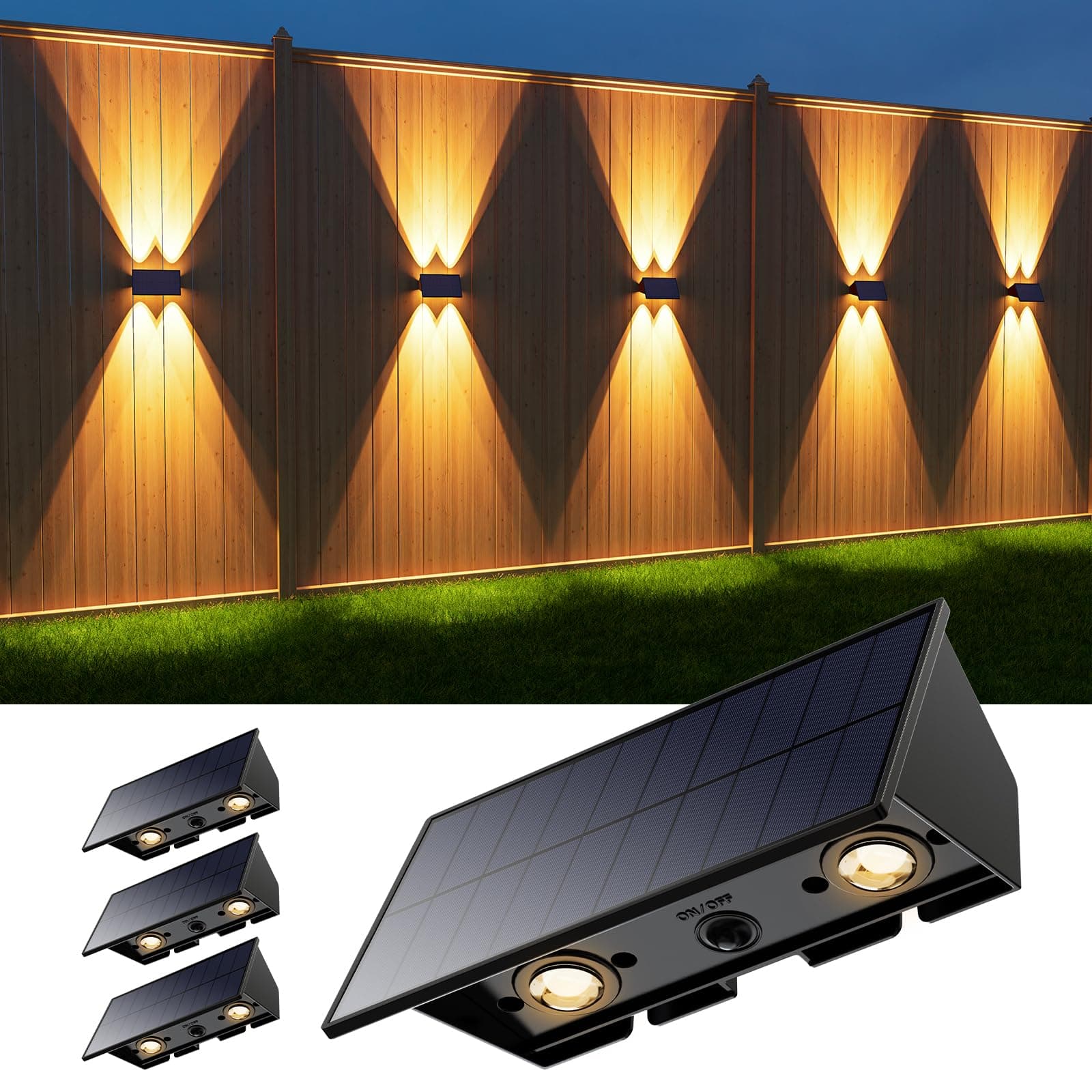 4 Pack Outdoor Solar Powered Fence Lights Wall Mount Up and Down LED Decorative Waterproof Yard Lamps for Outside Deck, Stair, Backyard, House Patio, Warm White, 4 Lenses Designed for Accent Lighting