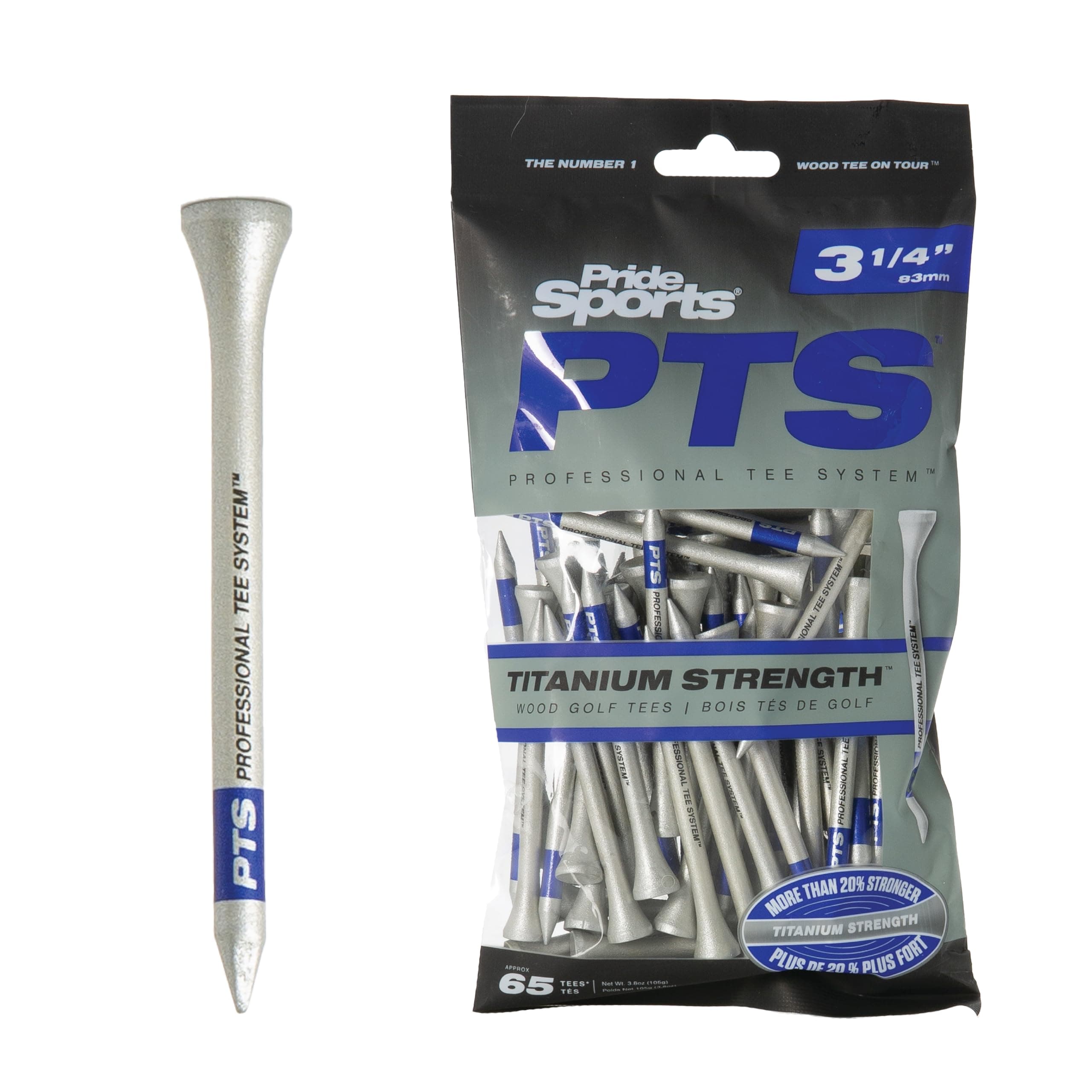 PrideSports PTS Titanium Strength Wooden Golf Tees | 65 Count, 2-3/4 Inch | 8% Thicker Shaft for More Durability