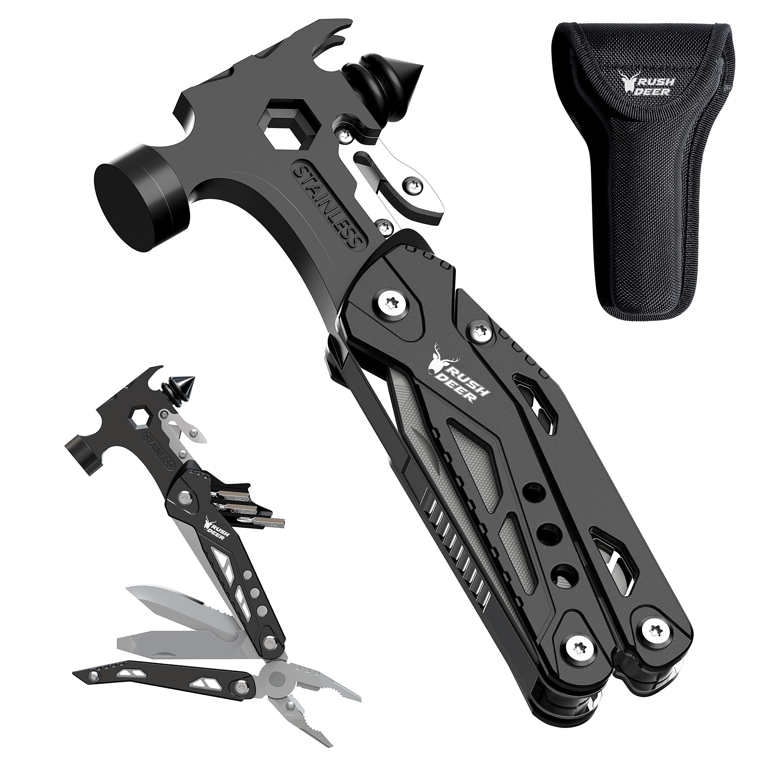Rush Deer Camping Essentials Multitool,16 in 1 Multi Tool Survival Gear with Hammer, Pliers, Knife, Screwdrivers, Bottle Opener & Car Safety Hammer, for Camping, Hiking, Gift for Dad Him