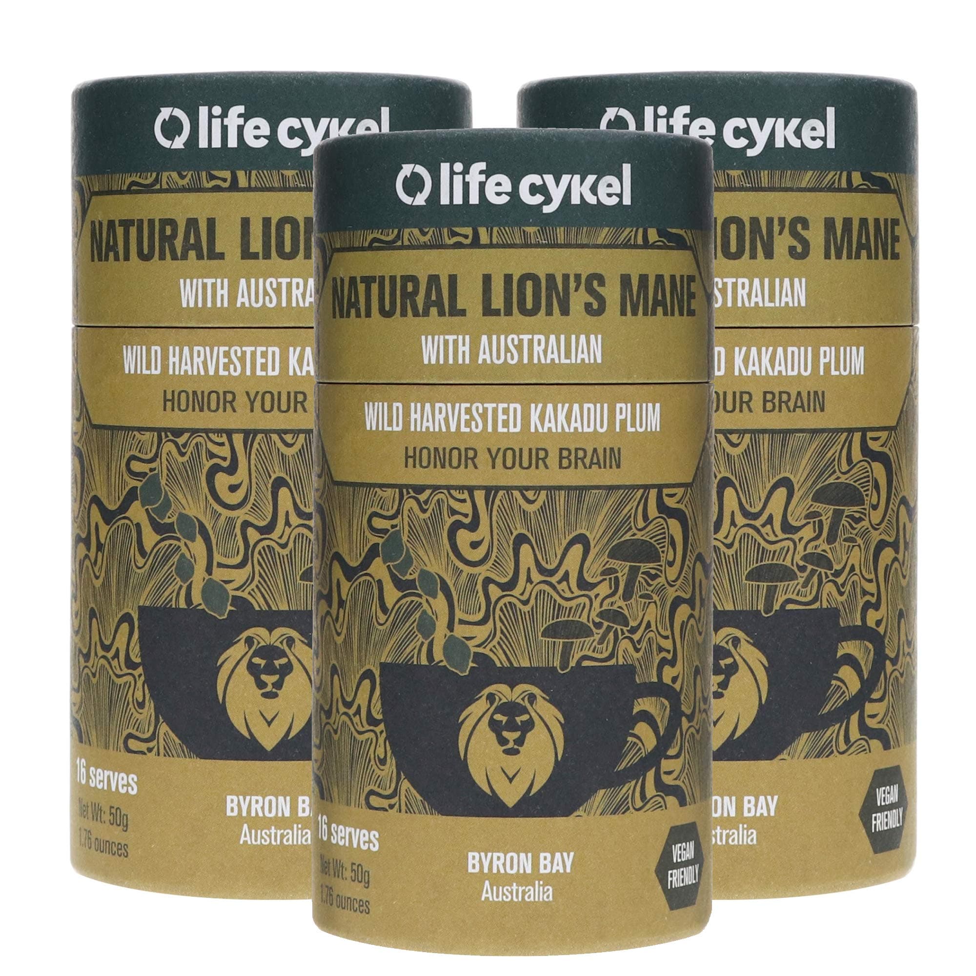Life Cykel 100% Natural Lions Mane Mushroom with Australian Wild Harvested Kakadu Plum - 100% Focus, Memory, Creativity and Improved Restorative Sleep - Octane for the Brain - (16 Servings) - (3-Pack)