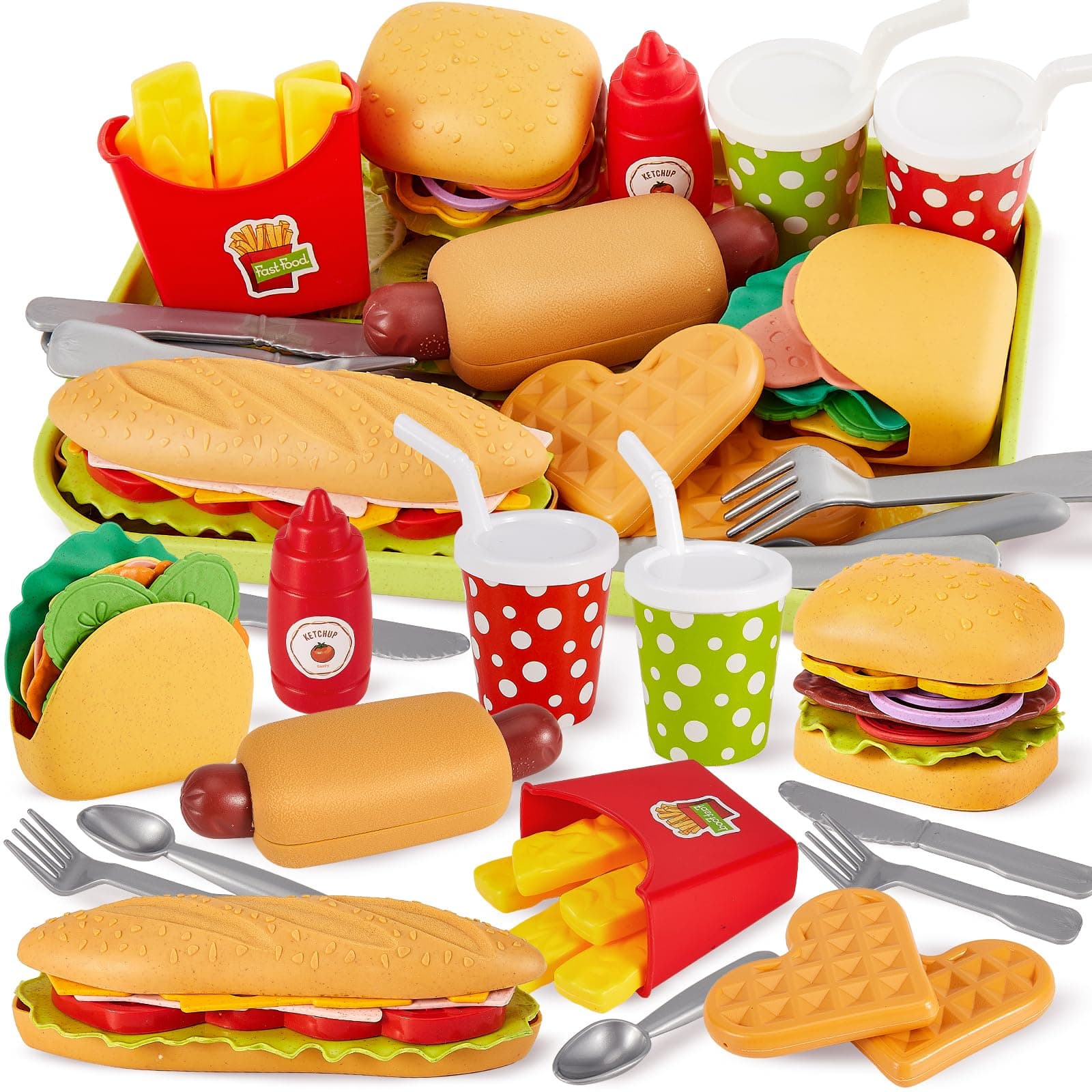 Fast Food Play Food Toys for Kids Toddler Children Toy Kitchen Accessories Playset Plastic Toy Food Sets Pretend Play Gifts for 3 4 5+ Years Old