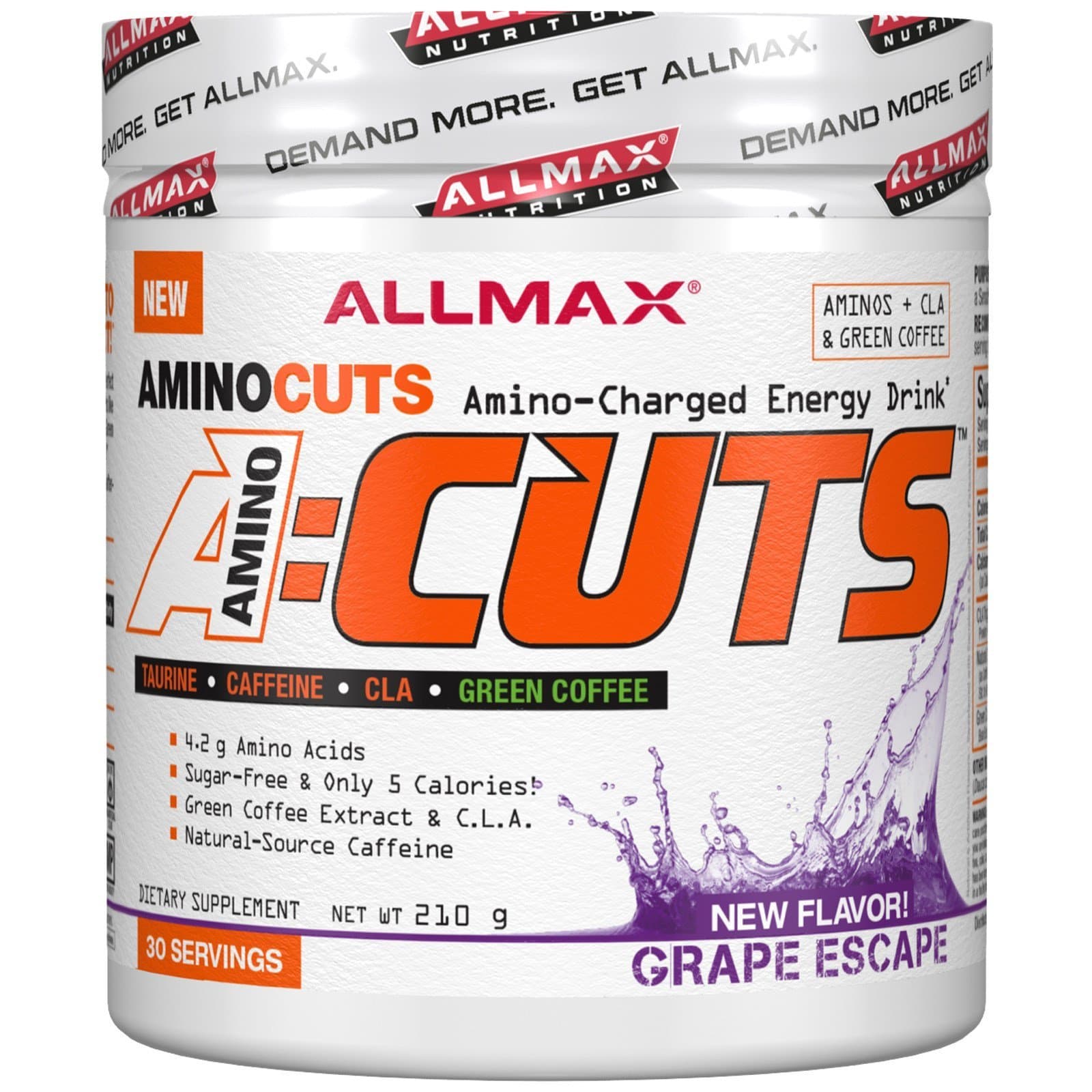 ALLMAX NutritionA:CUTS Amino-Charged Energy Drink, Grape - 210 g - With Caffeine, Green Coffee Extract, L-Carnitine & 2000 mg of Taurine - Sugar & Gluten Free - 30 Servings