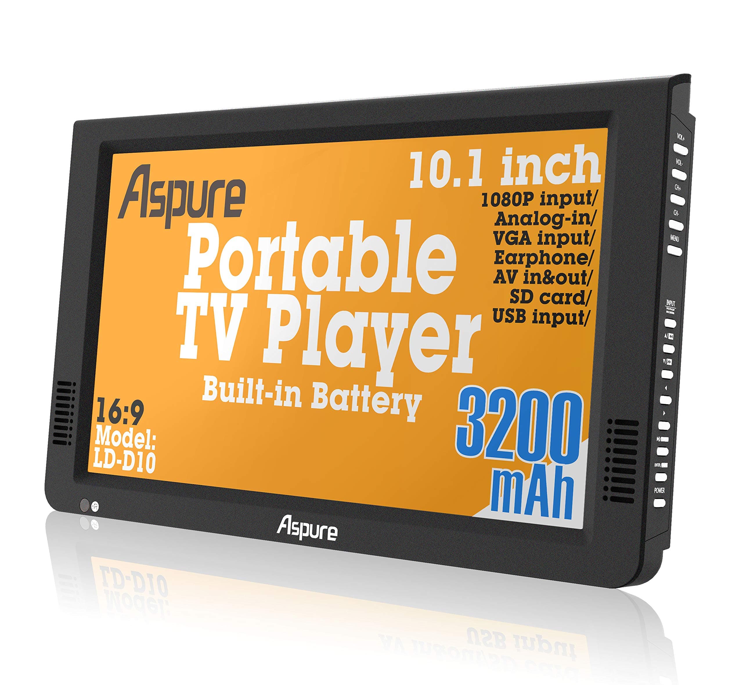 – 10 Inch Portable Digital DVB-T2 TFT HD Screen Freeview LED TV for Car,Caravan,Camping,Outdoor,Kitchen.Built-in 3200mAh Battery Television/Monitor with Multimedia Player FM function, ASPURE