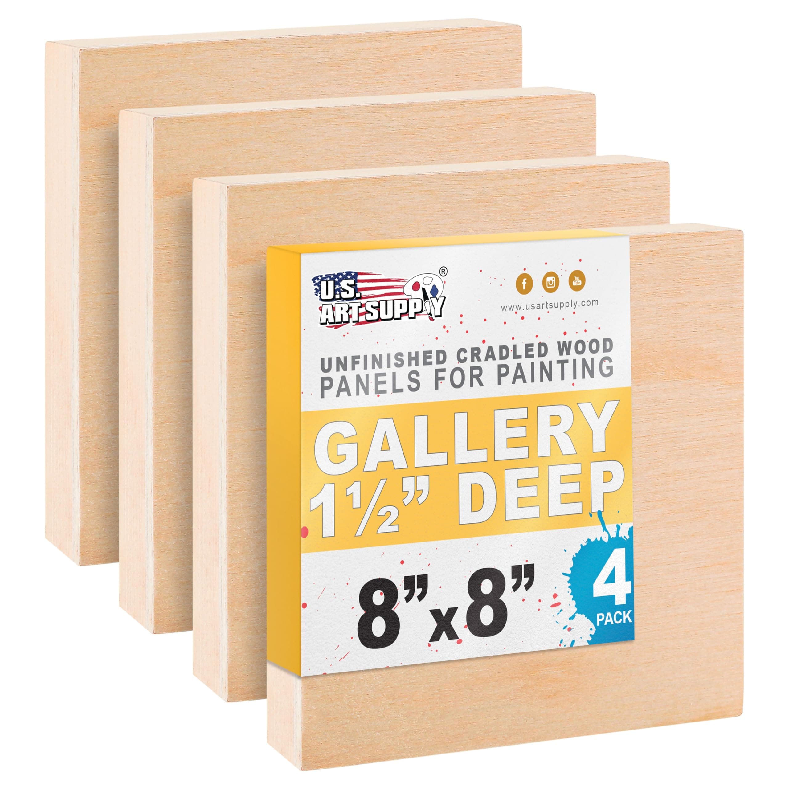 8" x 8" Unfinished Cradled Wood Panels for Painting, Gallery 1-1/2" Deep (4 Pack) - Artist Depth Wooden Wall Canvases - Mixed-Media Craft, Acrylic, Oil, Encaustic, Paint Pouring