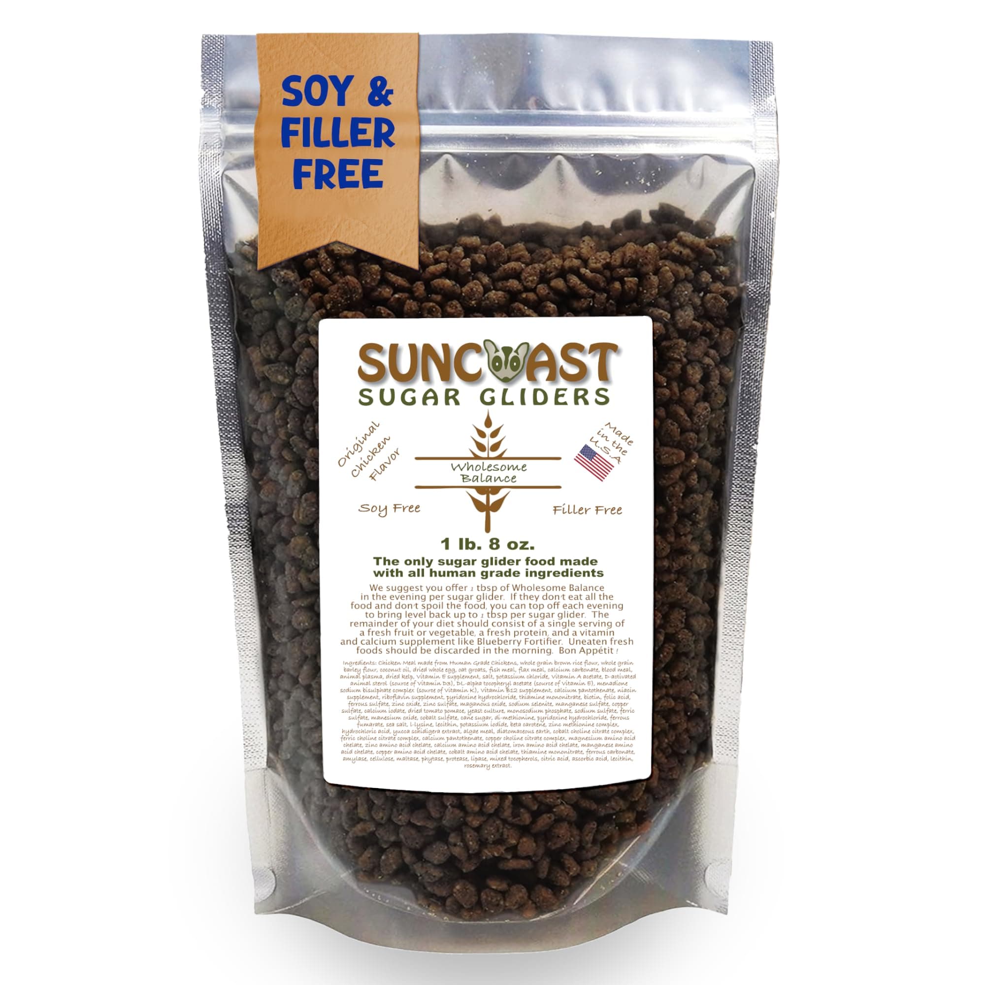 Suncoast Sugar Gliders Food, Chicken & Rice Wholesome Balance - High Animal Protein Pellets, No Soy Meal, 30% Protein, Calcium + Vitamins & Minerals - Chicken, Egg & Fish Meal, 1.5 lb