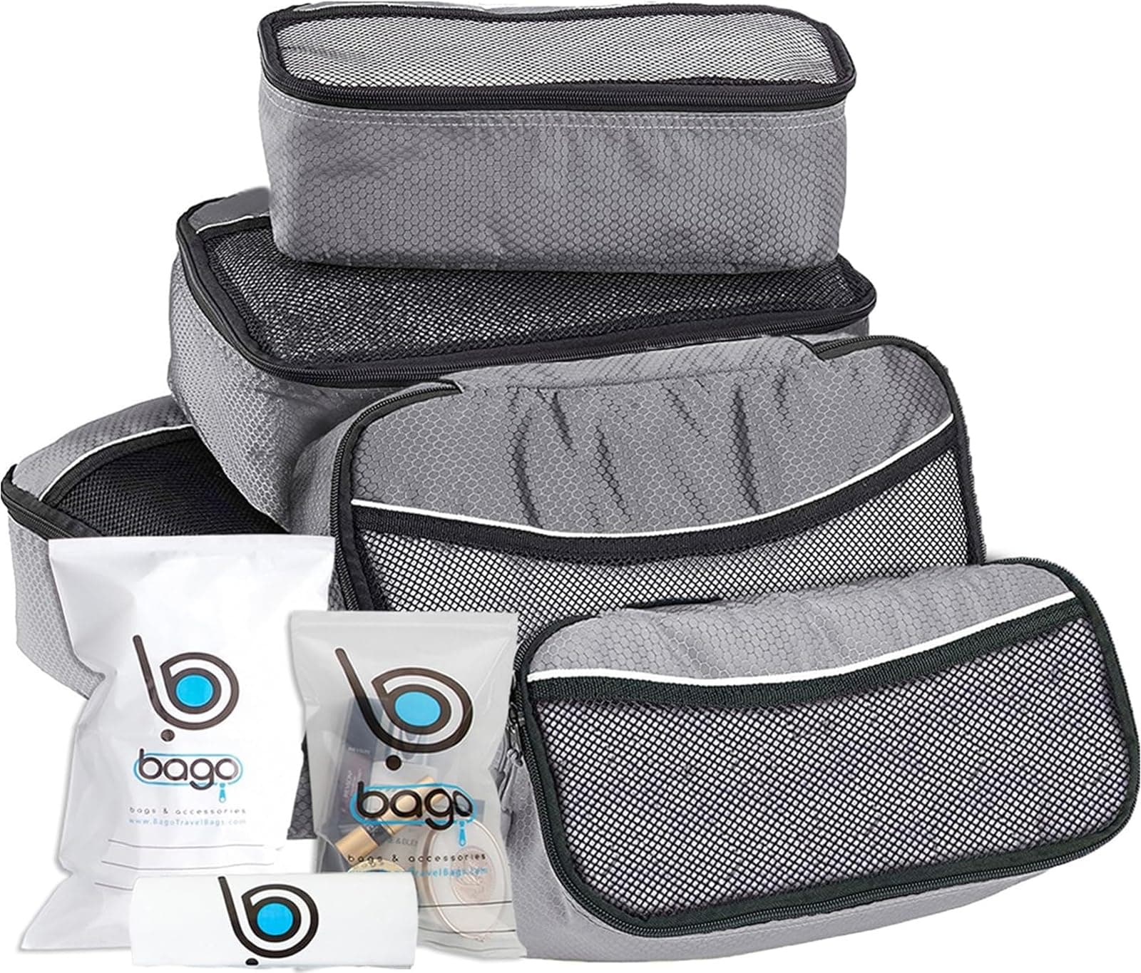 Bago Packing Cubes for Suitcases - 8Pcs Luggage & Suitcase Organiser Bags Set - Compression Packing Cubes for Travel Accessories Essentials - 5 Cubes plus 3 Sealed ZipBags, Gray, 5pcs Set