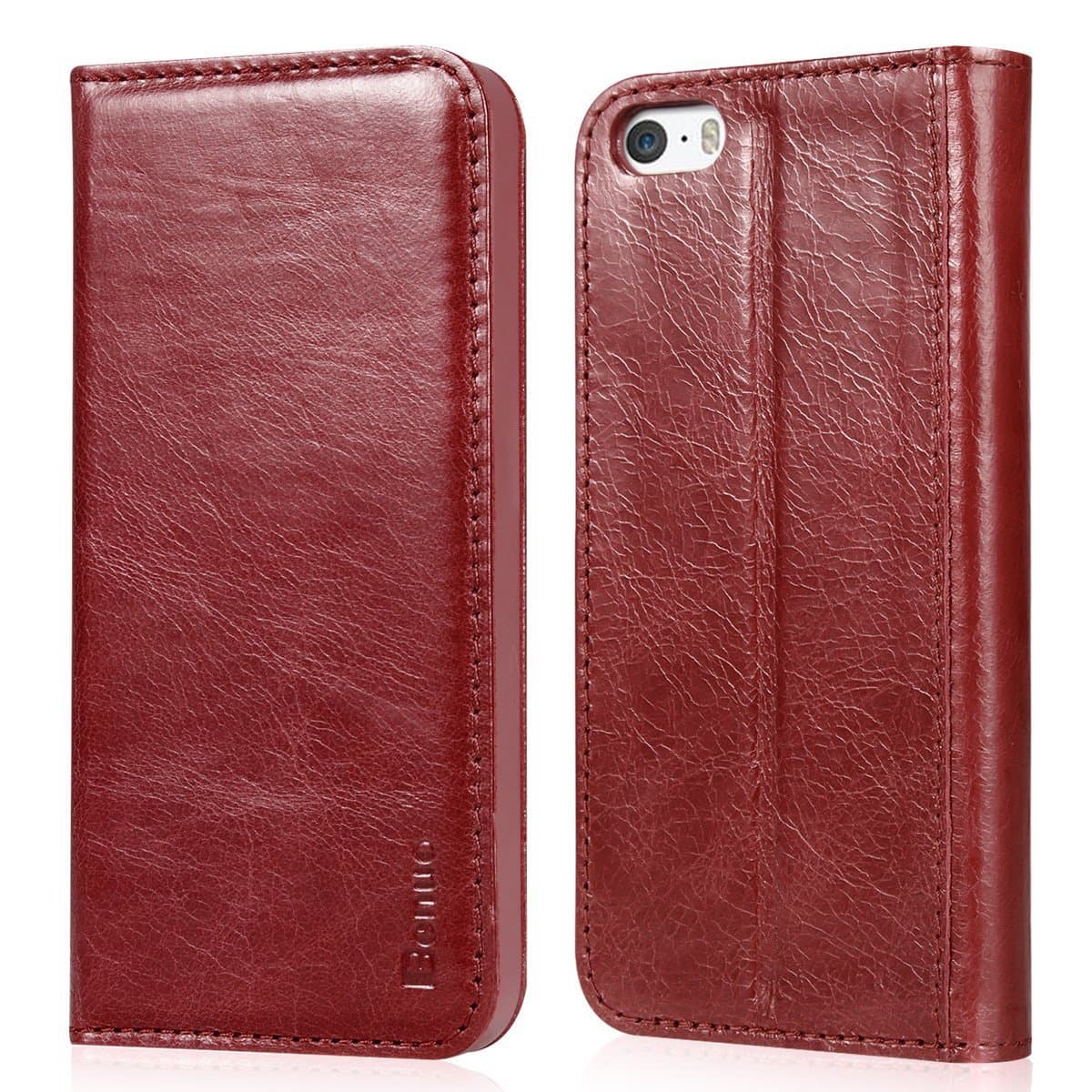 iPhone SE Case, [Vintage Book Series 1] [Ultra Soft] iPhone 5S Genuine Leather Case, Protective Folio Case Flip Cover [1 Card Slot] with Stand Function for Apple iPhone SE/iPhone 5S 5 (Red)