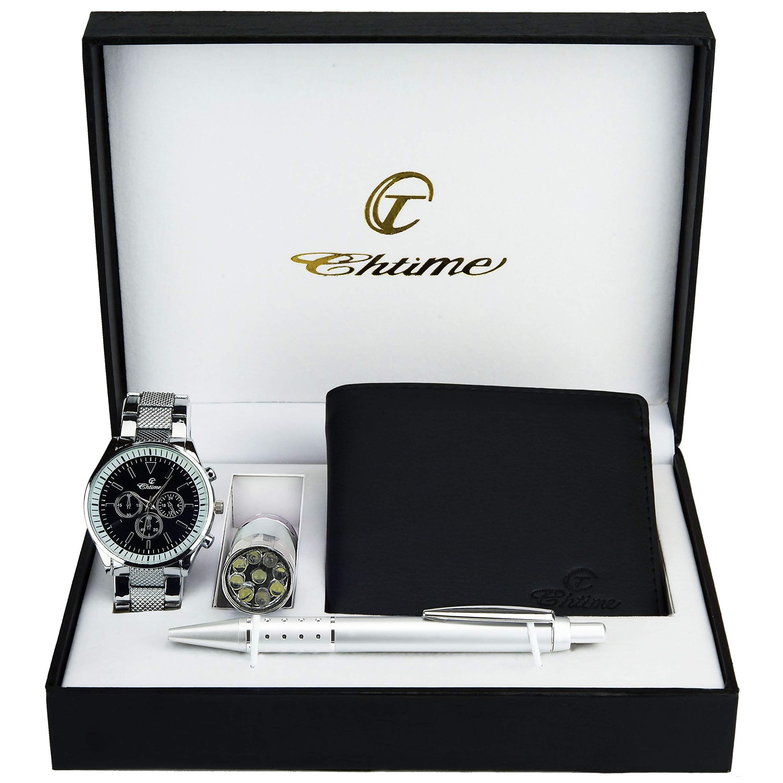 Gift Set Men's Watch Black - LED Lamp LED - Wallet -Pen