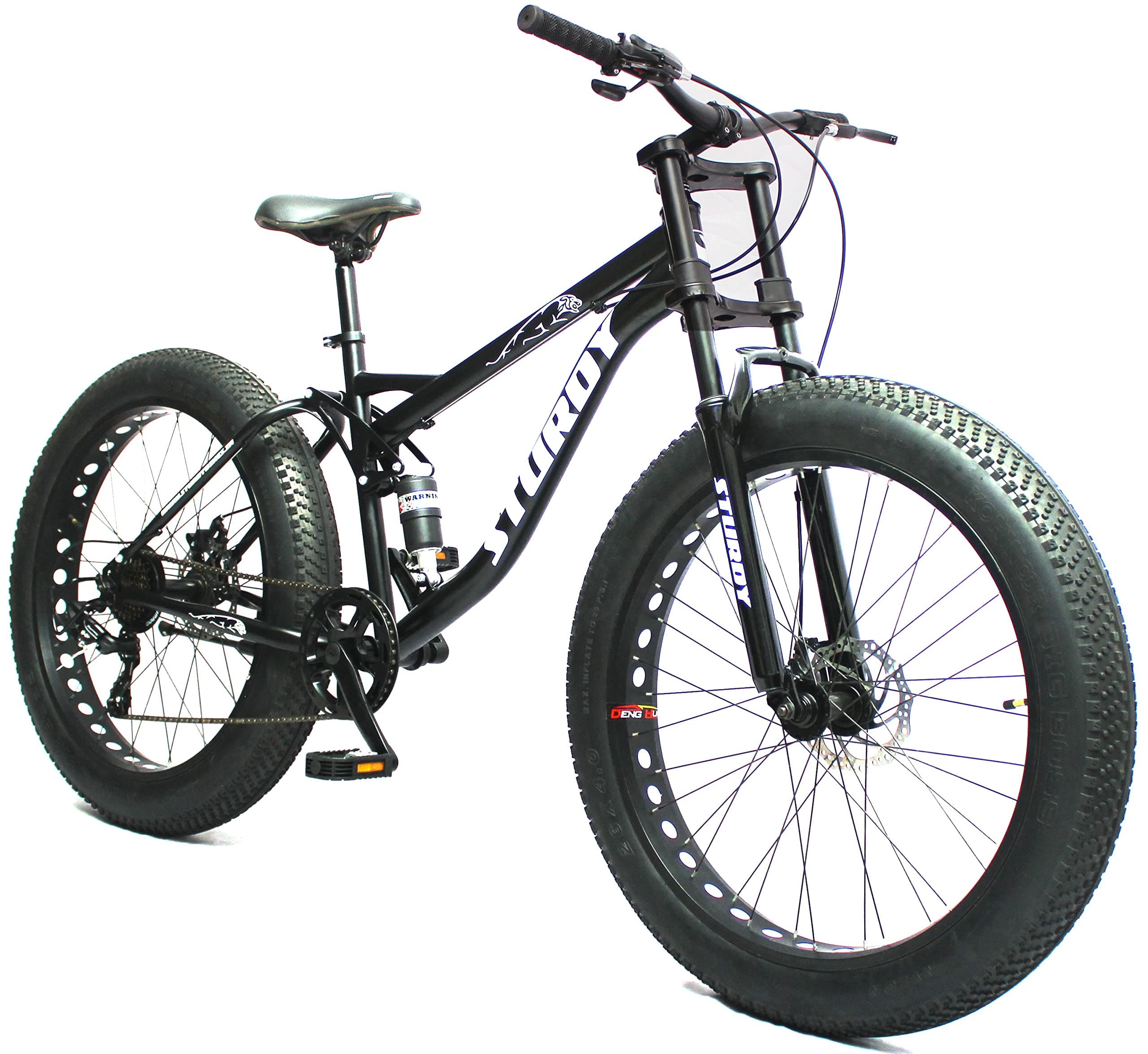 Sturdy Limited Edition Dual Suspension Downhill Fat Bike with 7 Speed Gears and 26X4 INCH Wheels- Fat Mountain Bike, Men's, Black