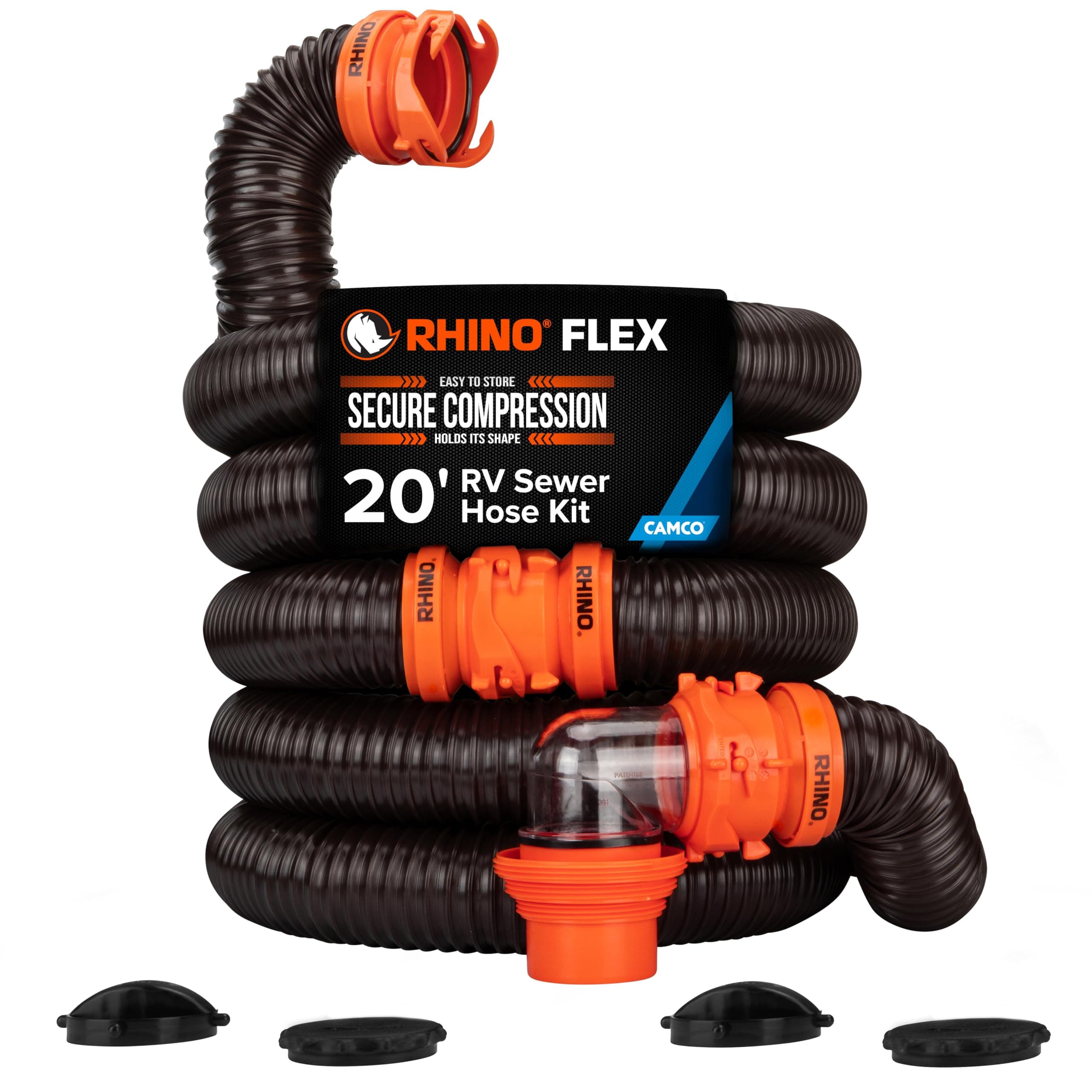 Camco RhinoFLEX 20' Camper/RV Sewer Hose Kit - Includes 4-in-1 Adapter, Clear Elbow, & Caps - Connects to 3″ Slip & 3″, 3 1/2″, 4″ NPT Threaded Sewer Connections (39742)