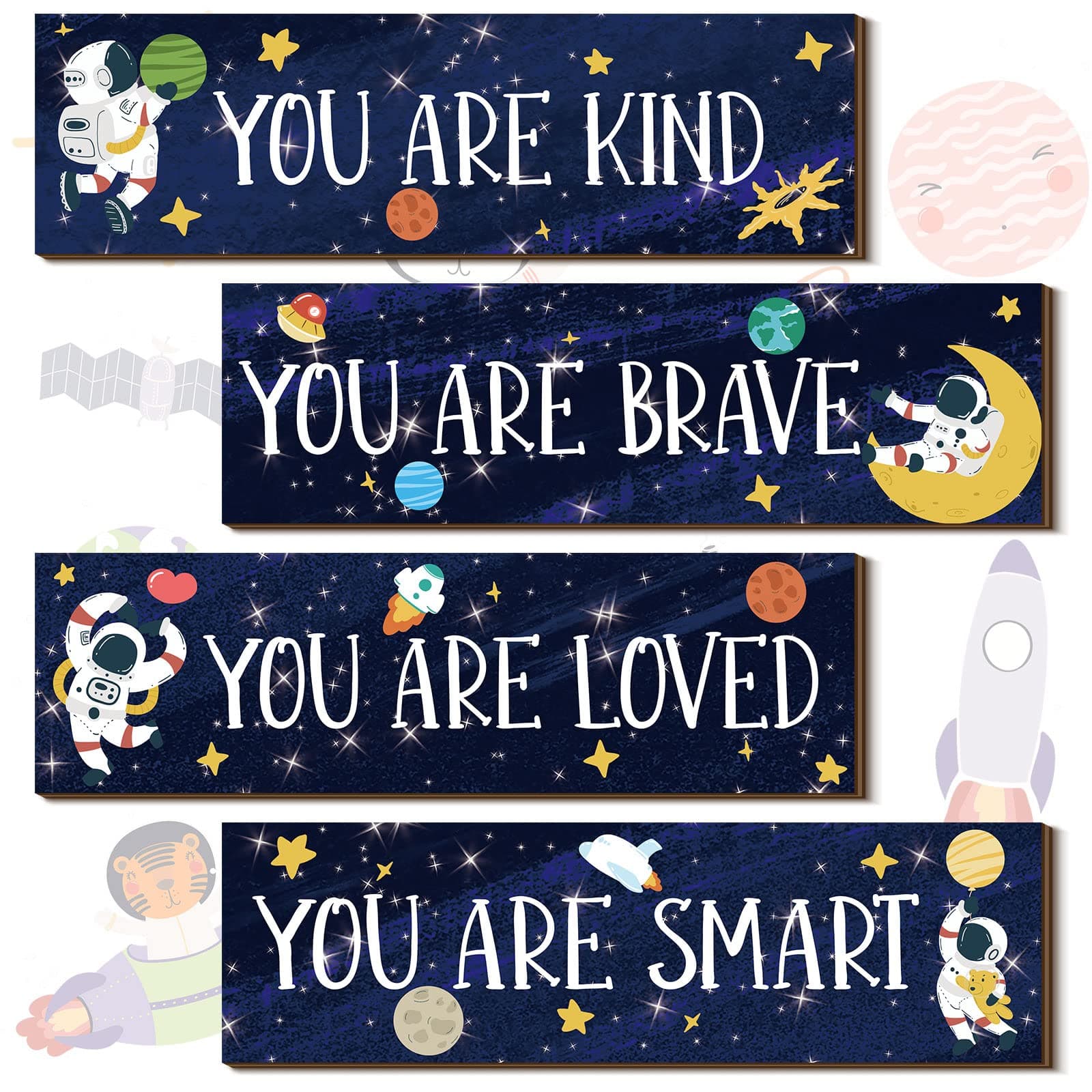 Yookeer 4 Pcs Space Room Decor for Kids Boys Outer Space Wall Art Bedroom Decor for Nursery Classroom Astronaut Galaxy Posters Spaceman Wood Sign Be Brave and Be Kind for Baby Boy(You)