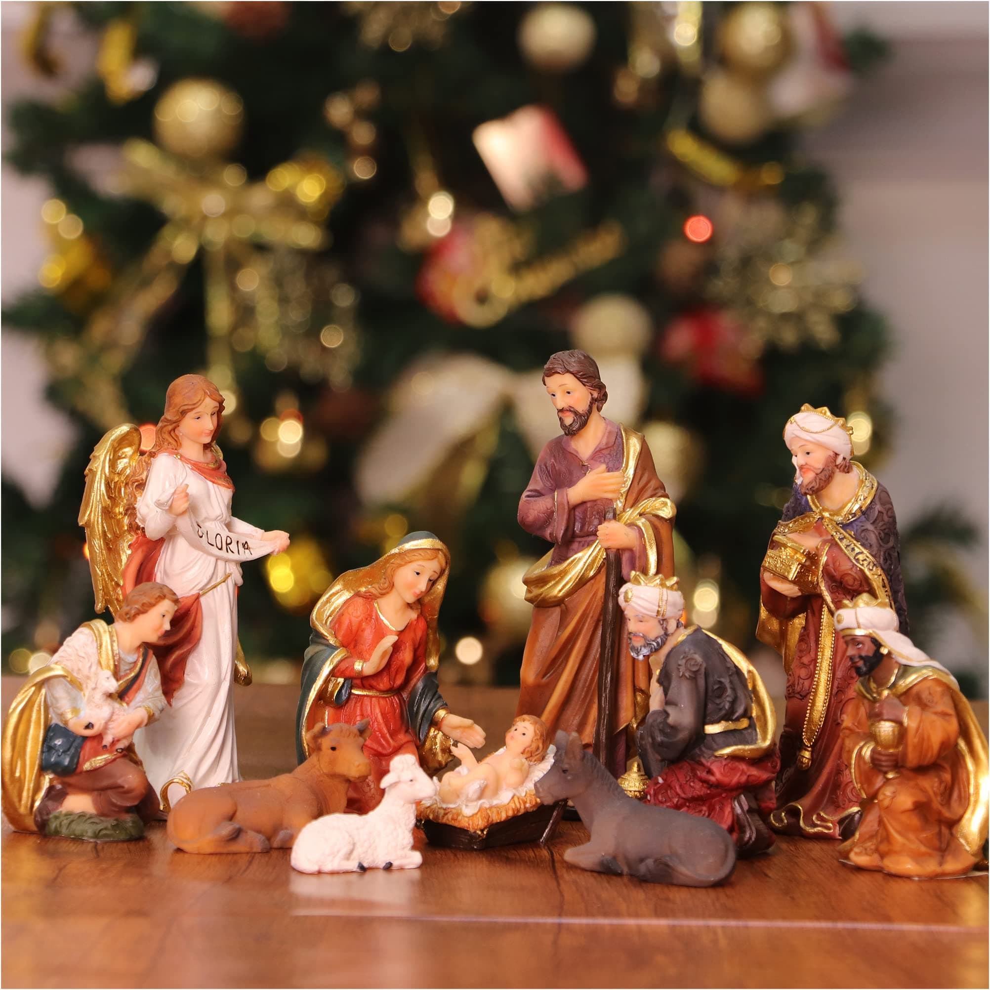Nativity Set Christmas Indoor Figurines 11 pcs Nativity Scene Set 5.5“ Holy Family Miniatures Statue Crib Jesus Manger Ornament Church Xmas Gift Home Decoration