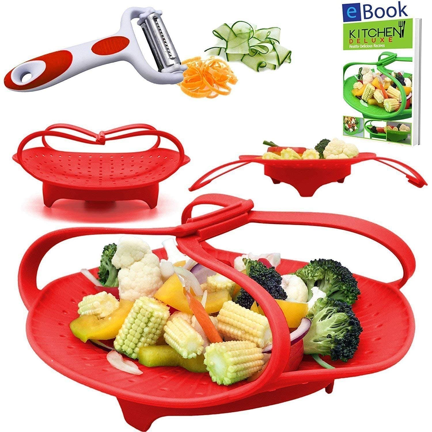 PREMIUM Silicone Vegetable Steamer Basket - Red - BEST Bundle - Fits Instant Pot - BONUS Accessories - eBook + Julienne Peeler - 100% Silicon - Food Steam Insert - For Instapot Pressure Cooker