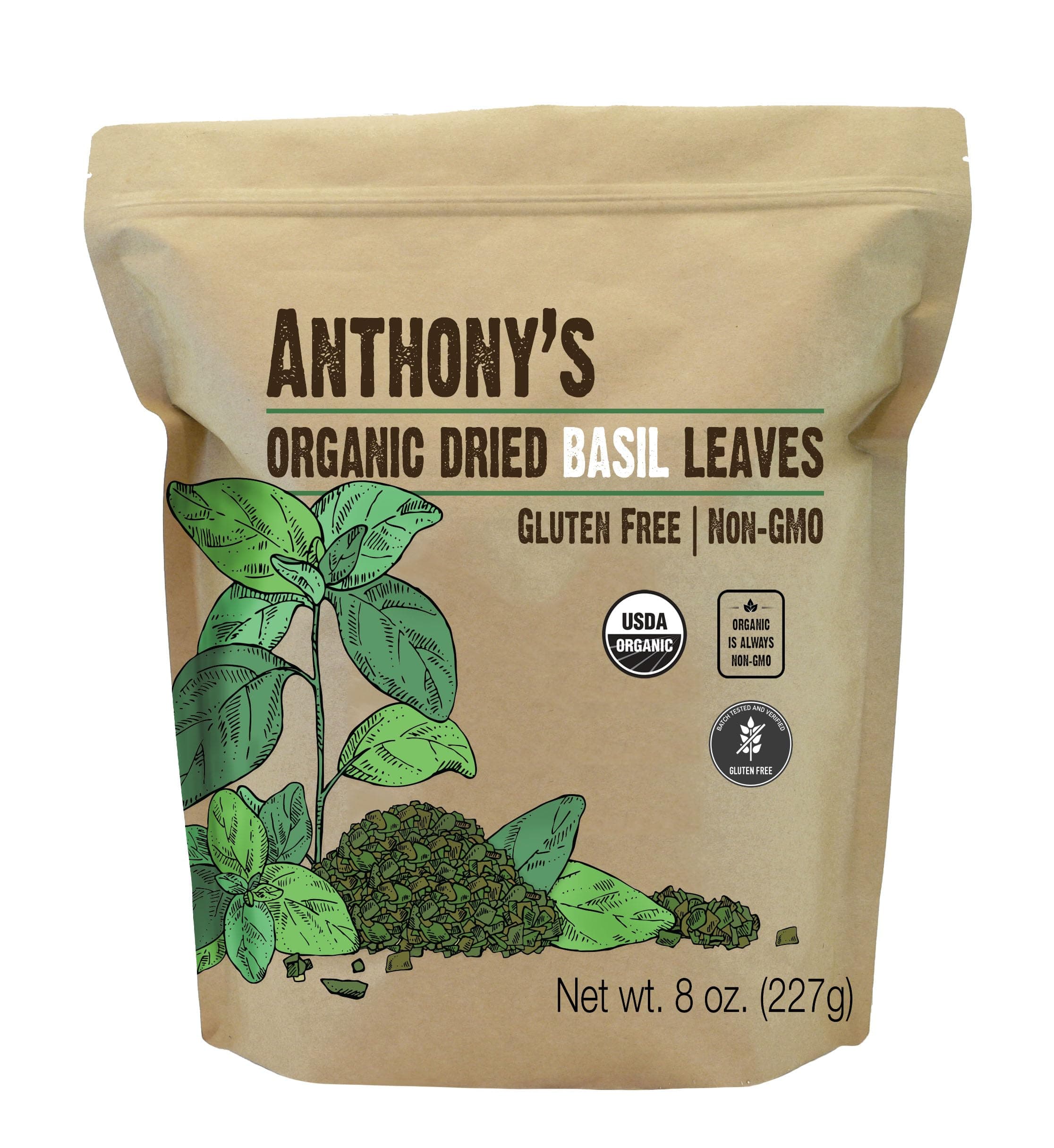 Anthony's Organic Dried Basil Leaves, 8 oz, Gluten Free, Non GMO, Cut & Sifted
