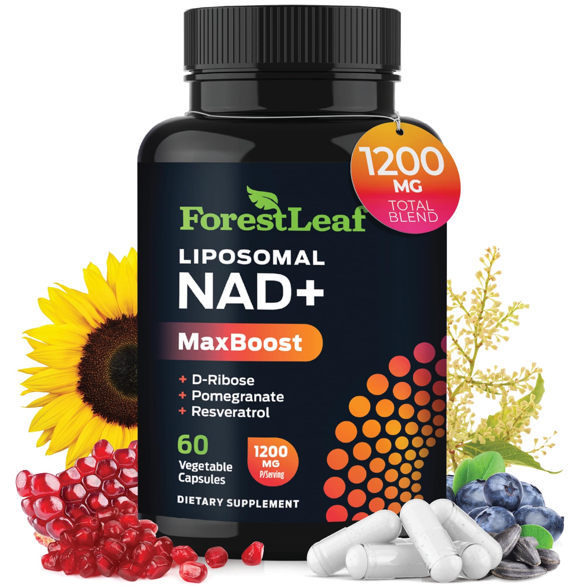 ForestLeaf NAD Resveratrol Capsules, Liposomal NAD Supplement for Women and Men with D-Ribose and Pomegranate, NAD+ for Energy, Focus and Anti-Aging Support, NMN Supplement Alternative (60 Caps)