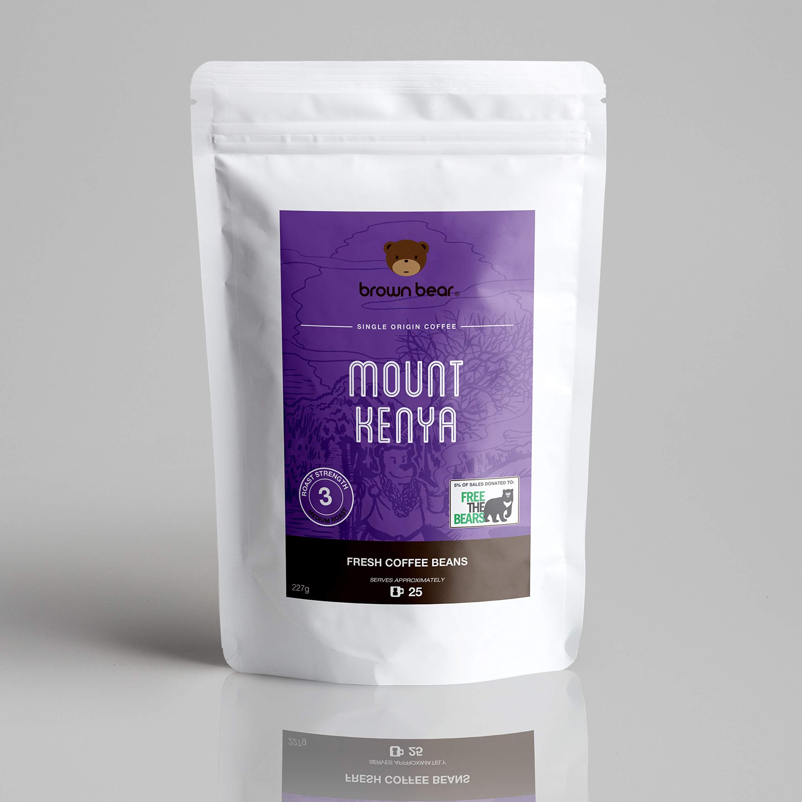Kenyan Medium Roast Coffee Beans 227g - Brown Bear Mount Kenya Coffee - For All Machines - Strength 3 - Donation to Free The Bears