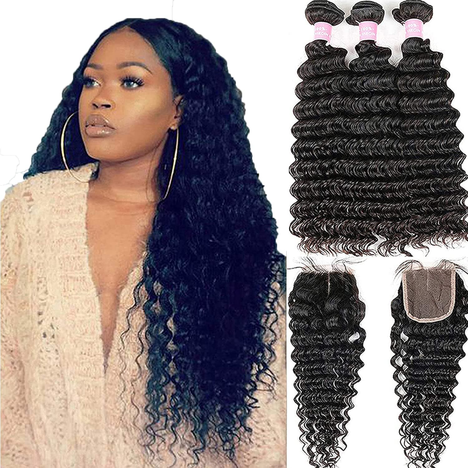 Brazilian Deep Wave Bundles with Closure Virgin Human Hair Bundles with Closure 4×4 Lace Mixed Length Hair Bundles Natural Color for Black Women 100% Unprocessed Miss GAGA (16 18 20+14)