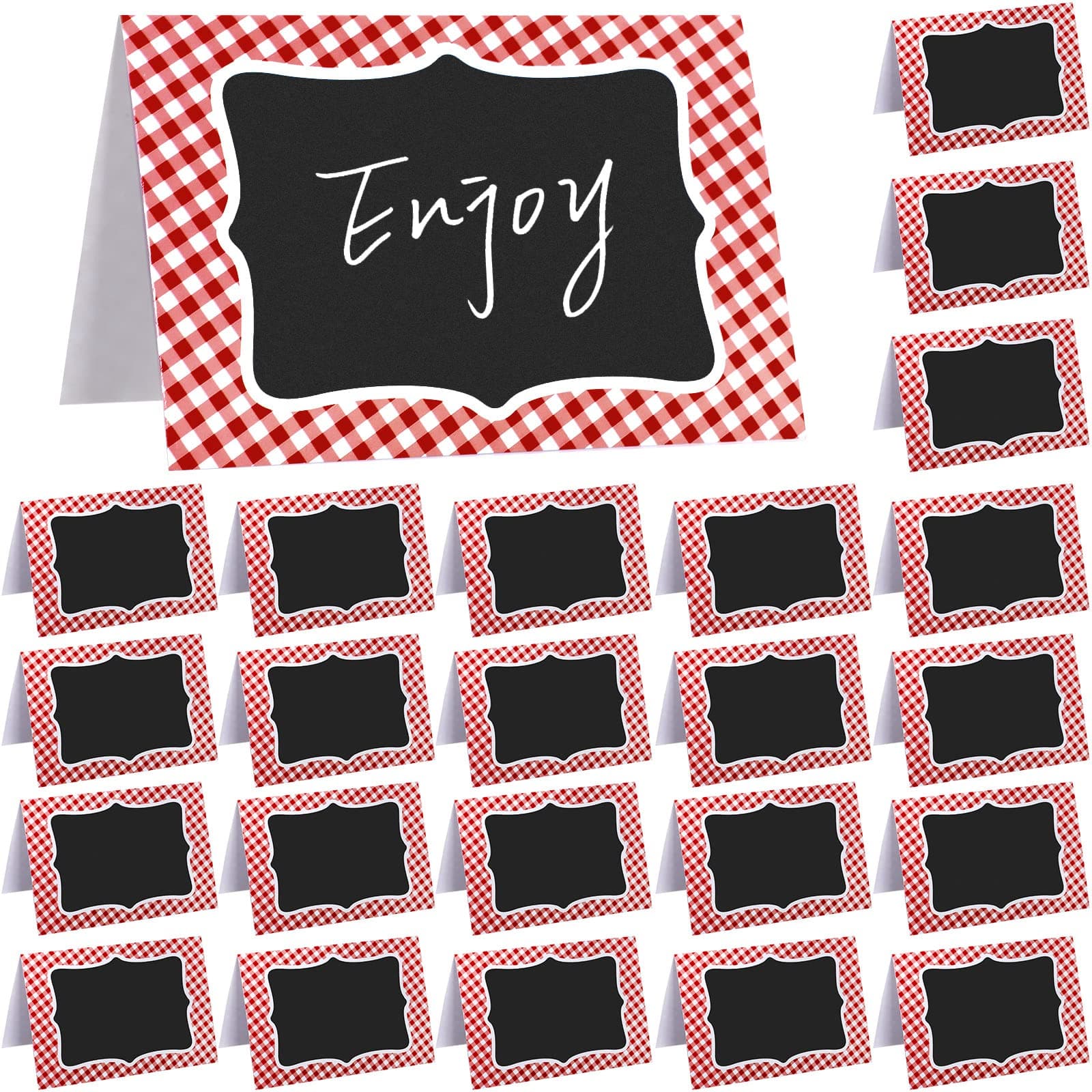 TaoBary 24 Pcs Red Gingham Picnic Valentine's Day Party Decoration Supplies 4x6 Inch Italian Themed Party Chalkboard Tent Cards Double Sided Mini Blackboard Labels for Table Number Food Place