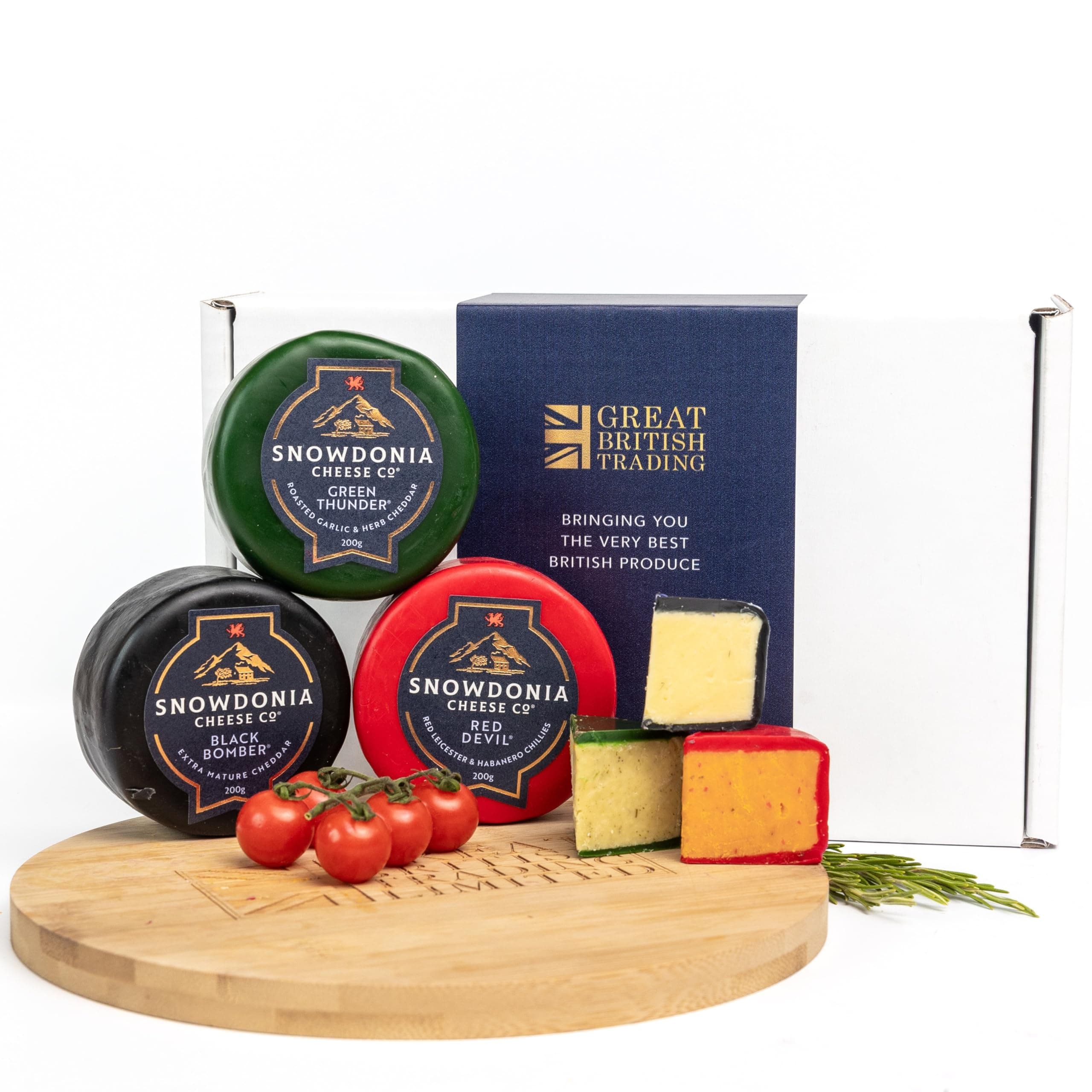 Snowdonia Cheese Company 3x Truckles Black Bomber Extra Mature Cheddar, Red Devil Red Leicester, Green Thunder Garlic & Herb Cheddar Gift Hamper From Great British Trading Limited