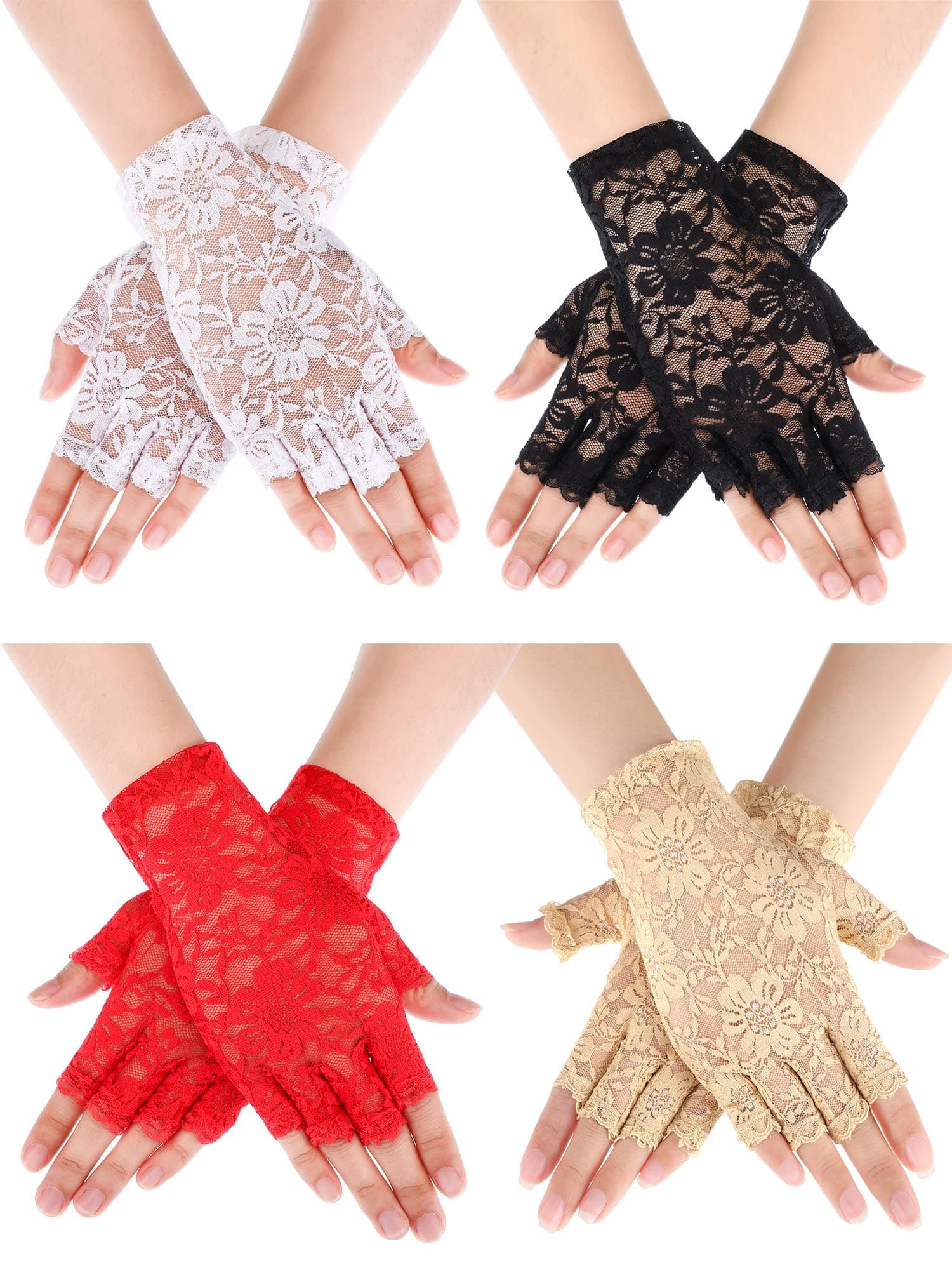 4 Pairs Short Lace Fingerless Gloves Women Floral Lace Gloves Ladies Bridal Prom Gloves for Halloween Cosplay Fancy Dress Wedding Tea Party Costume, Multicolor