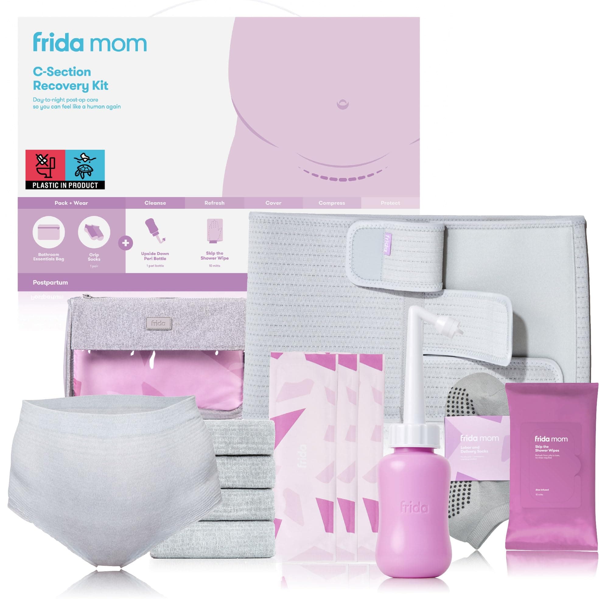 Frida Mom Postpartum Kit for C-Section Recovery with C-Section Belly Band, C-Section Recovery Must Haves, Kit Includes Socks, Disposable Underwear, Peri Bottle, Cleansing Wipes, and Scar Patches