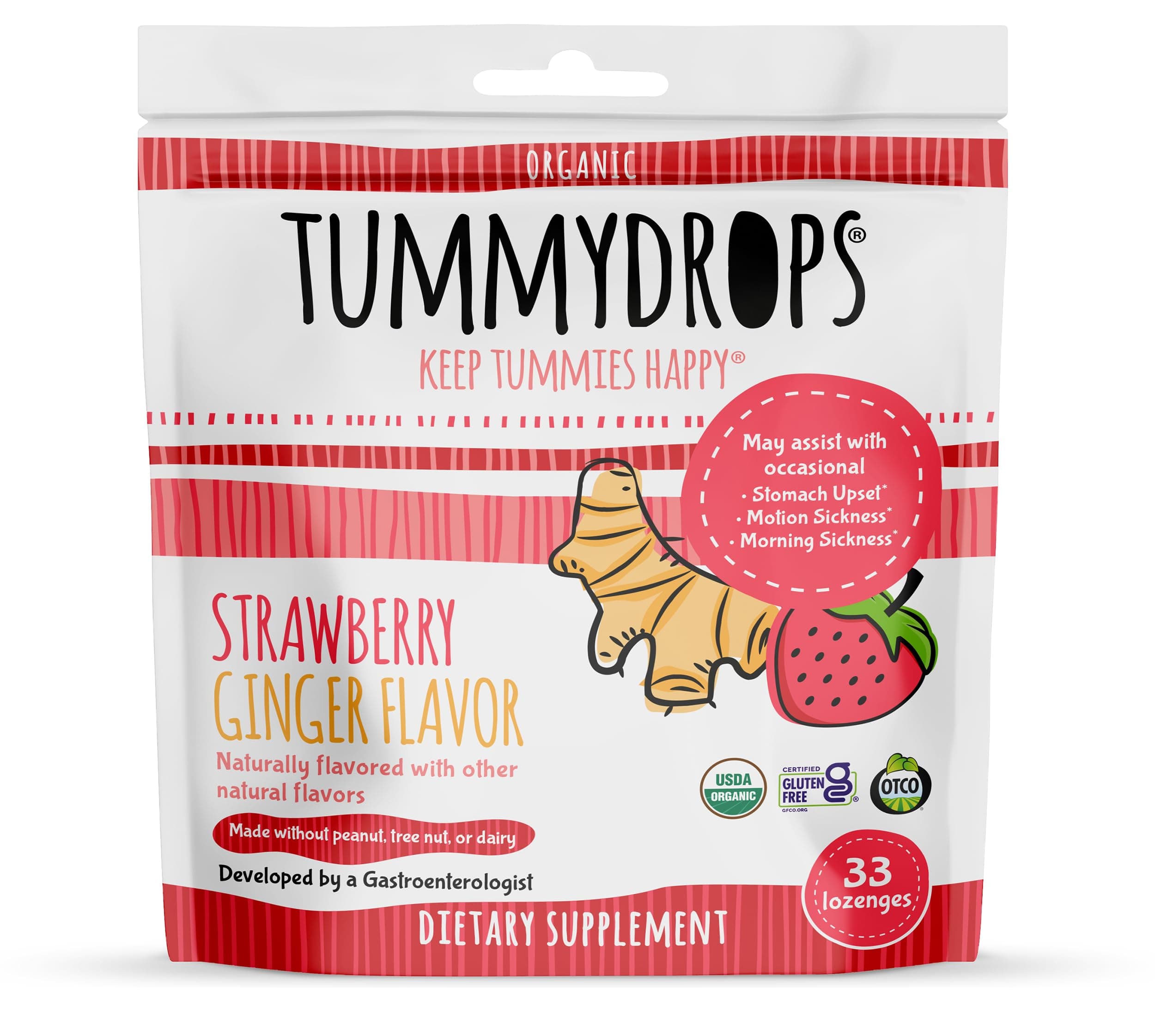 USDA Organic Strawberry Ginger Tummydrops, Gluten Free & Vegan, 33 Individually Wrapped Organic Ginger Lozenges