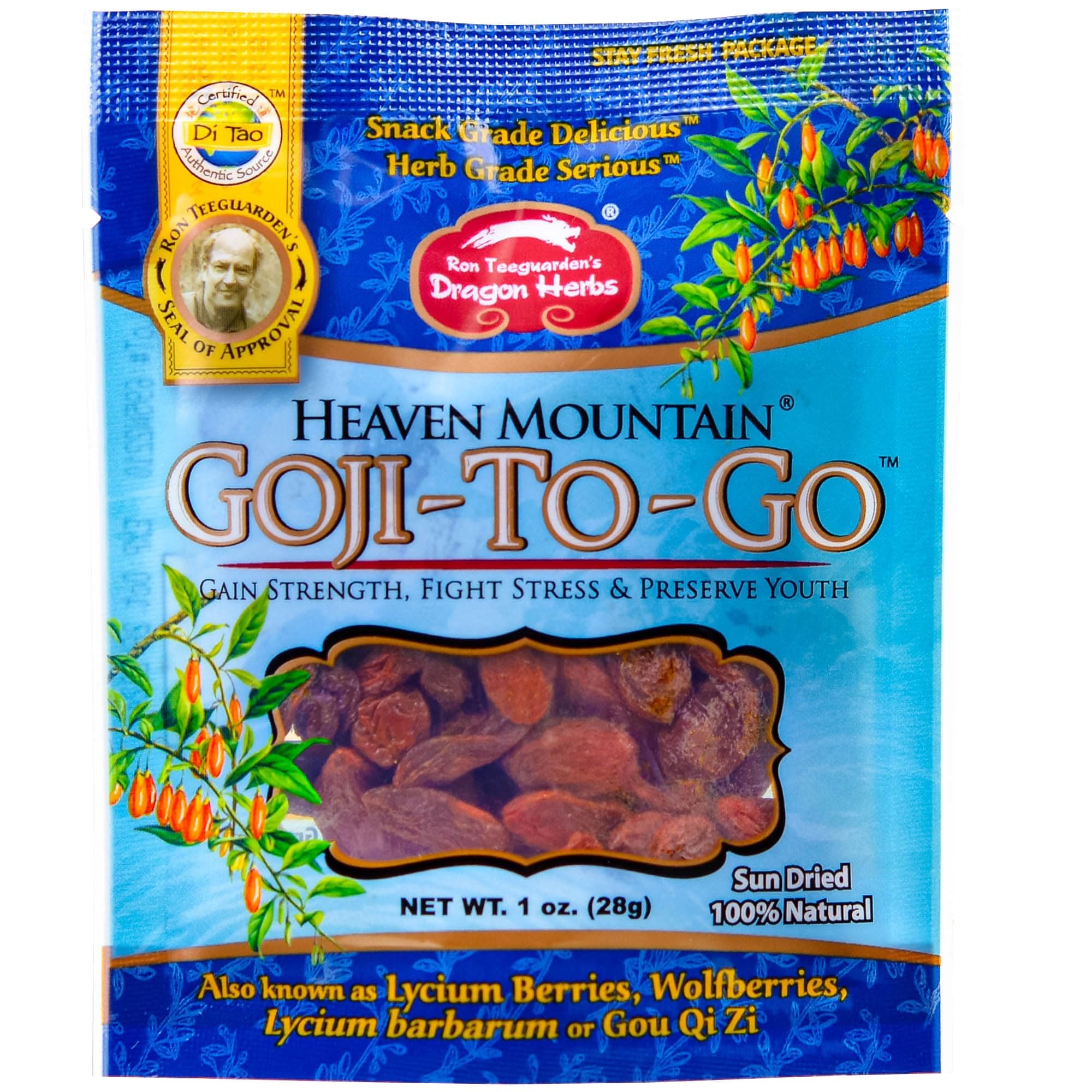 Dragon Herbs Heaven Mountain Goji Berries | Single Serving 1 oz Packet | Moist & Plump - The ONE & Only Snack Grade Goji | Fight Stress |Gain Strength | Preserve Youth | Eye Vision Tonic | 100% Sun