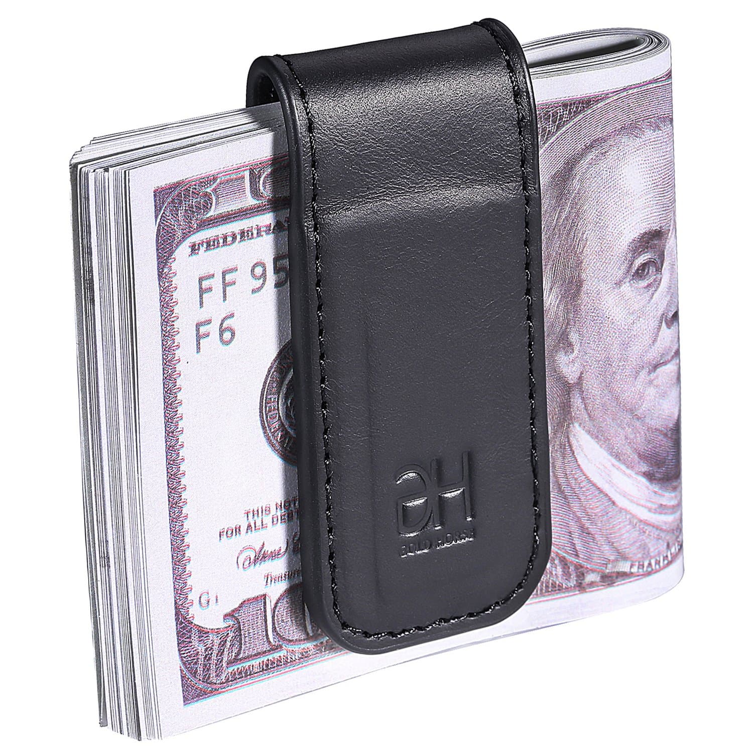 Men's Slim Magnetic Money Clip Genuine Leather Business Card Holder (Black)