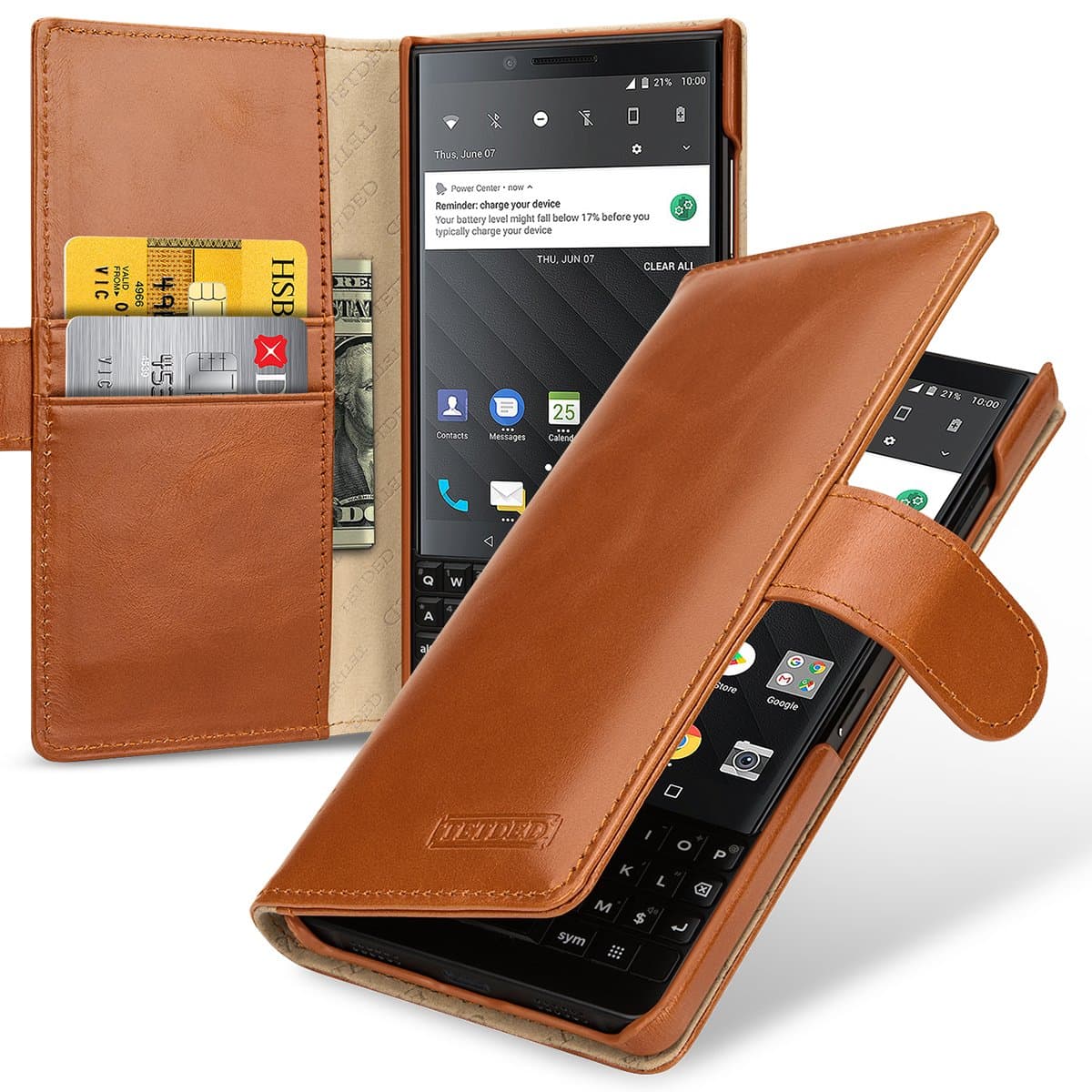 Premium Leather Case for BlackBerry KEY2 BBF100-1 BBF100-2 BBF100-4 BBF100-6 Dual SIM, Gerzat, Book Type (Vintage Brown)