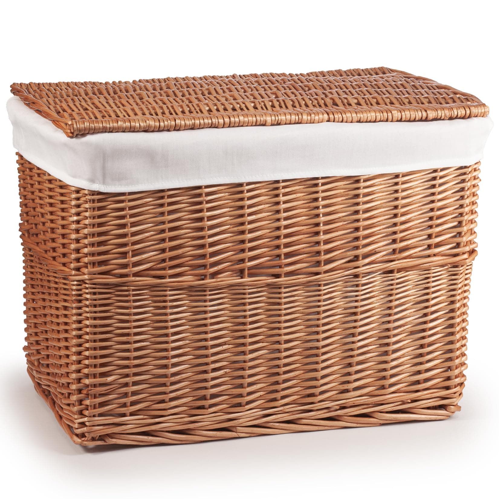woodluv Large Brown Full Steamed Willow Wicker Storage Basket Trunk Chest Hamper Lidded With White Lining, Brown, 59 x 39 x 45 cm