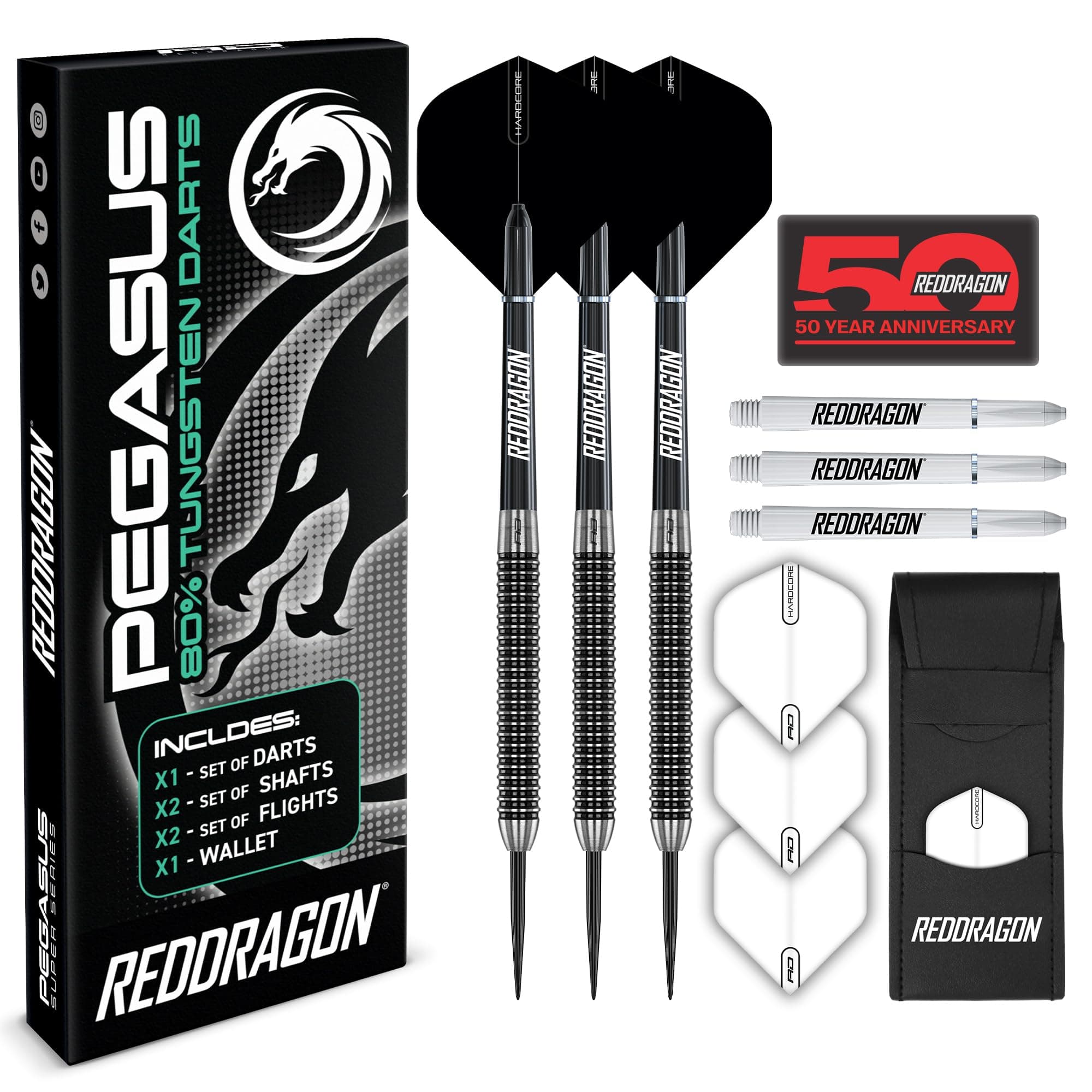 RED DRAGON Pegasus Tungsten Steel Darts Set 26g Black Shaft Black Extra Thick Flight Case Red Dragon Checkout Card