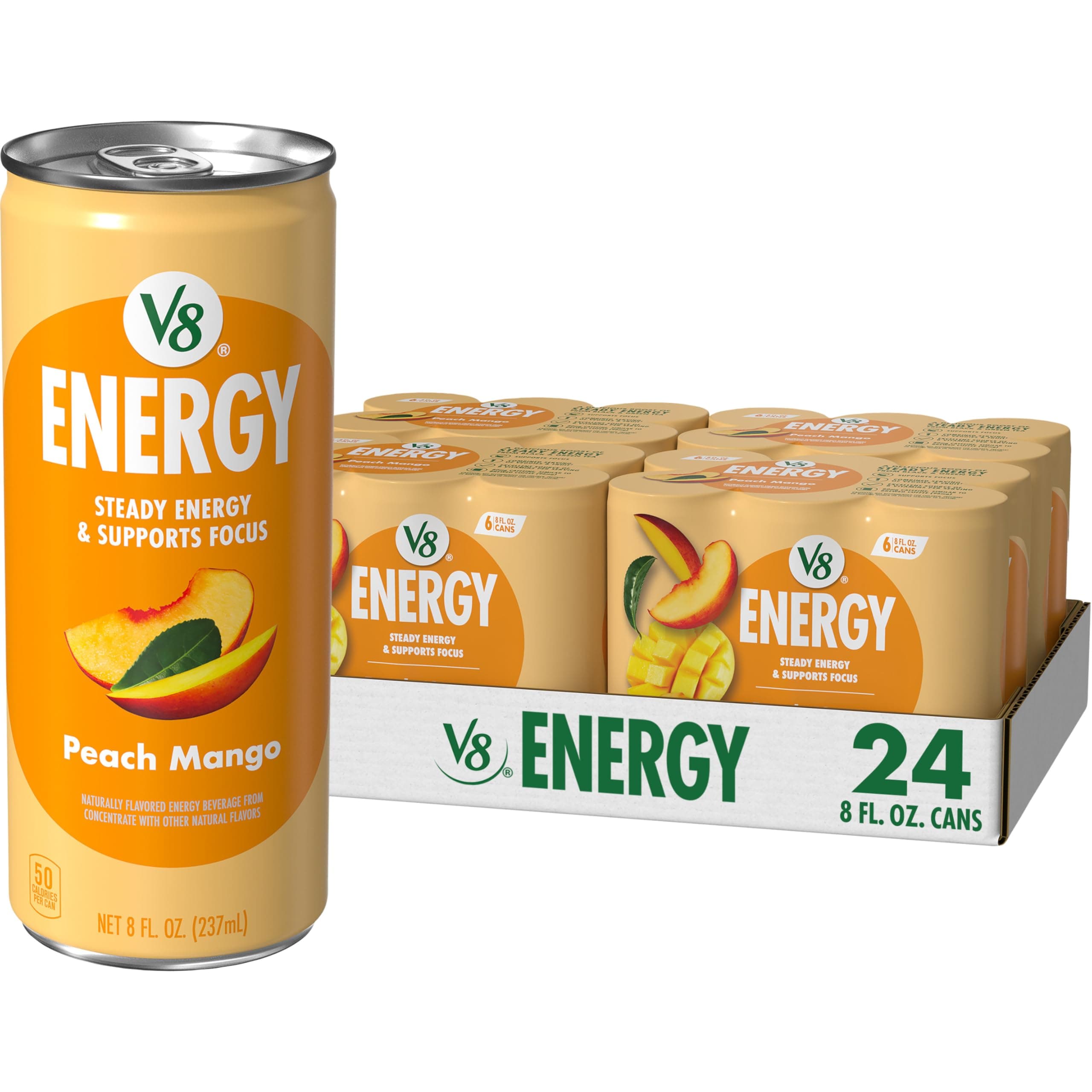 V8 Energy Peach Mango Energy Drink, 8 fl oz Can (24 Pack)