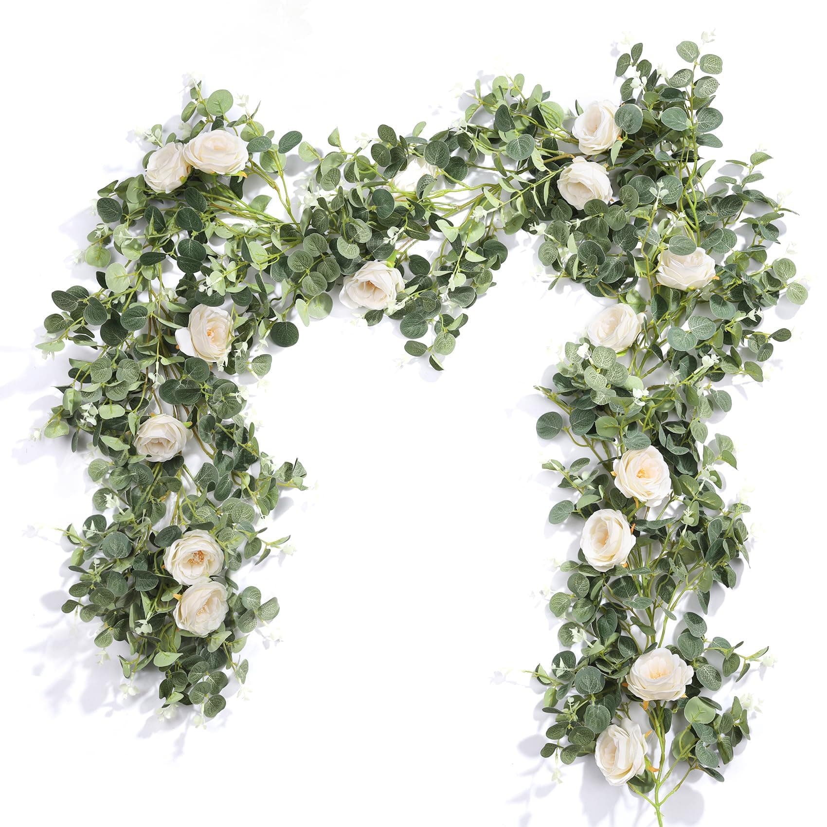 Der Rose 2 Pcs 13FT Artificial Flower Garland, White Rose & Eucalyptus Floral Garland, Faux Flower Vine for Wedding Decor Table Runner Arch & Backdrop Decor