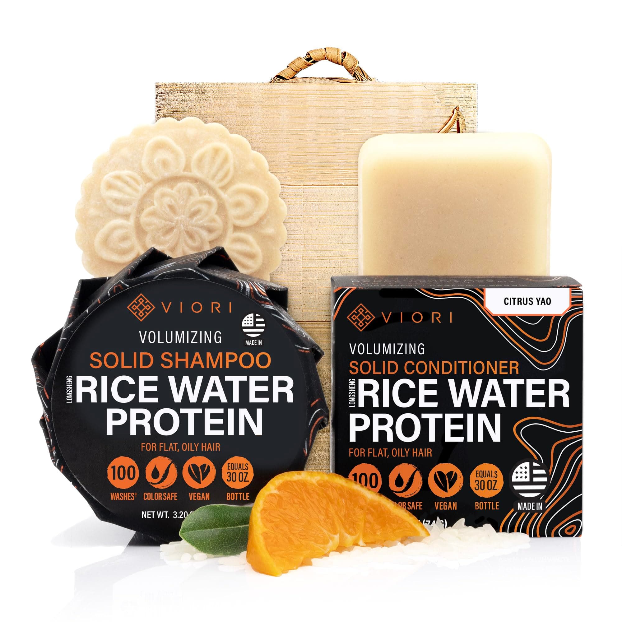 Viori The Foundation Bundle - Citrus Yao Shampoo and Conditioner Set with Bamboo Holder - Rice Water Shampoo Bar and Conditioner Bar - Sulfate-Free, Vegan and Organic - Best for Normal to Oily Hair