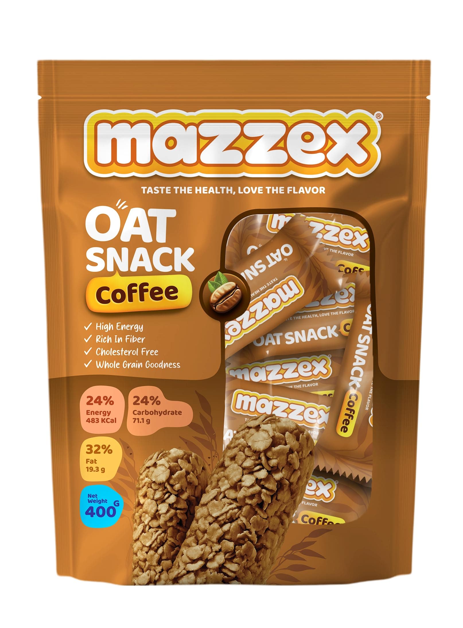 Mazzex Coffee Oat Snack 400g (40 Bars) | Healthy Snack, Low Sugar, High-Fiber Energy & Breakfast Bar | Ready-to-Eat Oatmeal Chocolate Treat | Whole Grain Bar for Gym, School & On-the-Go
