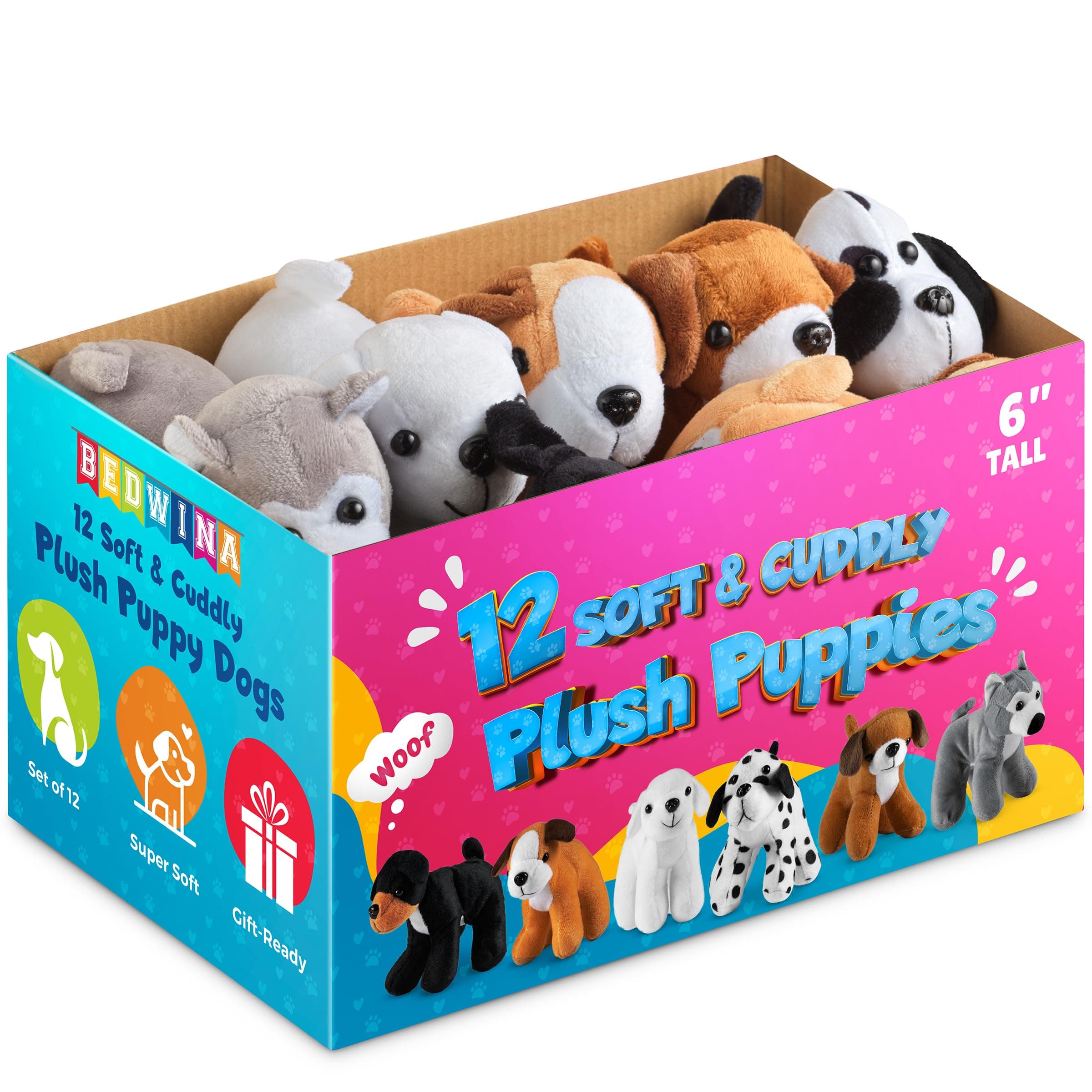 Plush Puppy Dogs - (Pack of 12) 6 Inches Tall Stuffed Animals Bulk Assorted Puppies and Cute Stuffed Plushed Dog Puppies Assortment, Stocking Stuffers