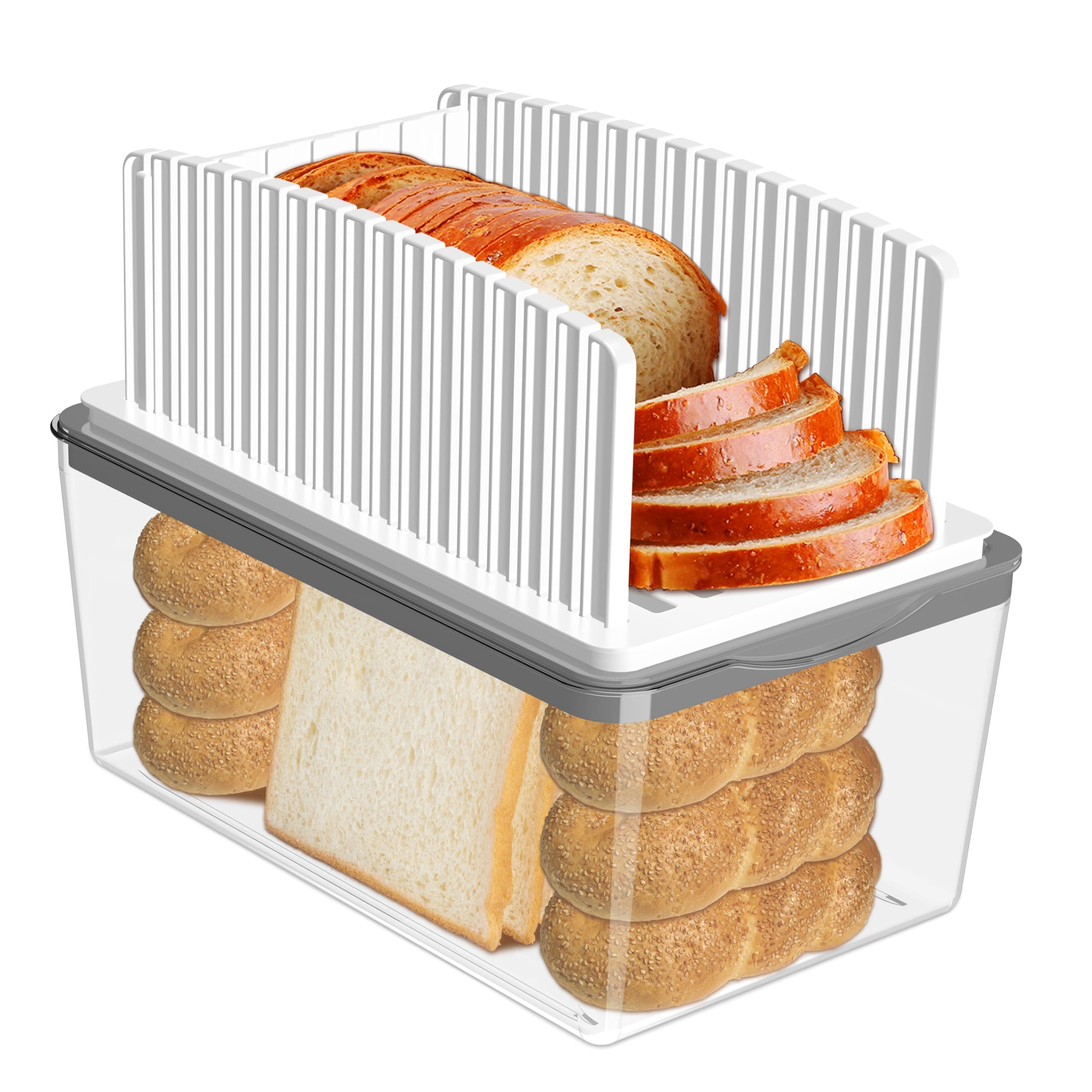 Kiss Core Upgrade Bread Slicer for Homemade Bread with Bread Box, Bread Slicing Guide Adjustable Width, Foldable and Compact Cutting Guide with Crumb Tray, Suitability for Homemade Bread, Bagels,Cakes