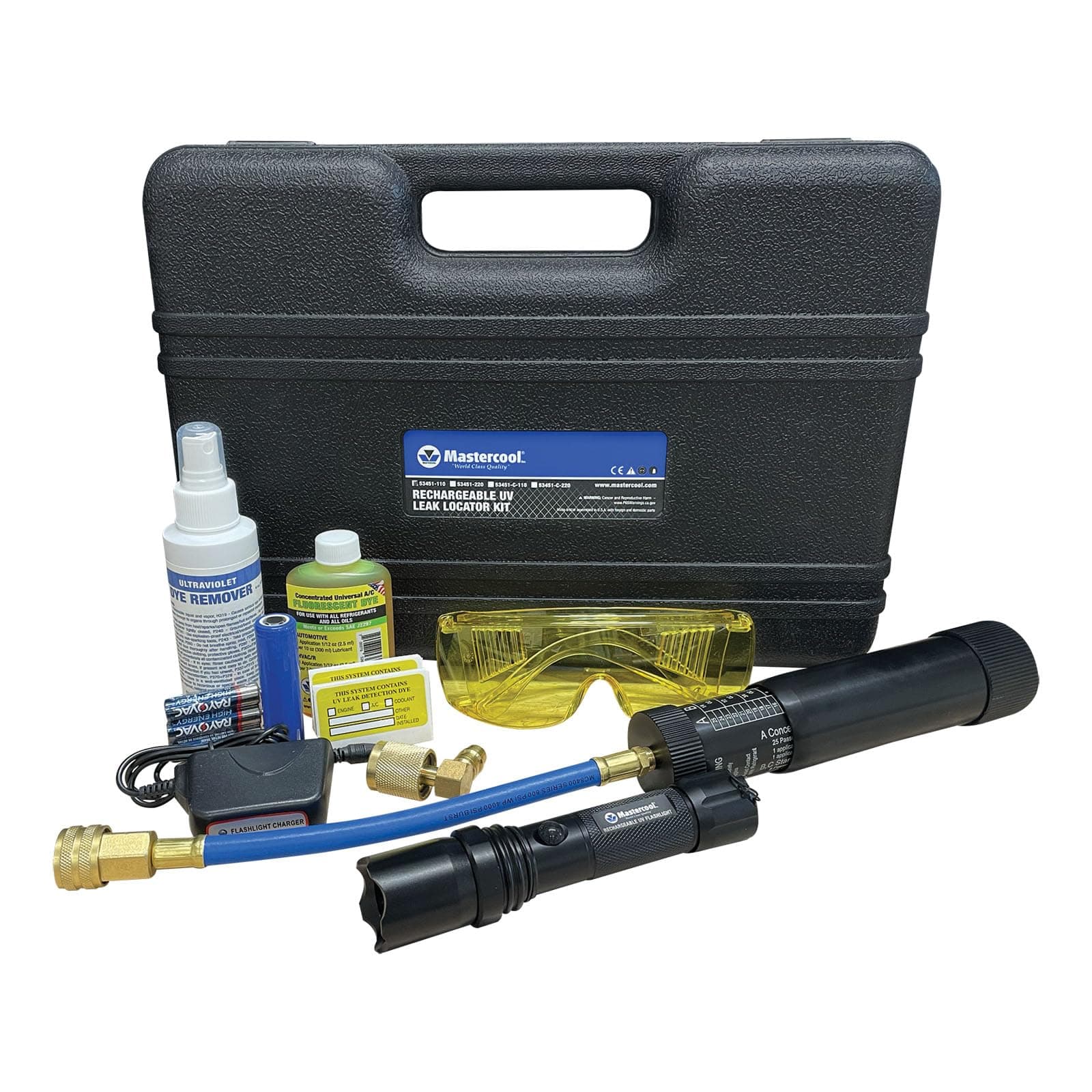 Mastercool 53451-110 Rechargeable UV Leak Detection Kit – Includes High-Intensity UV Flashlight, 2 oz Refillable Dye Injector, Universal Dye, Glasses & Accessories – A/C, Oil, Coolant Leak Locator