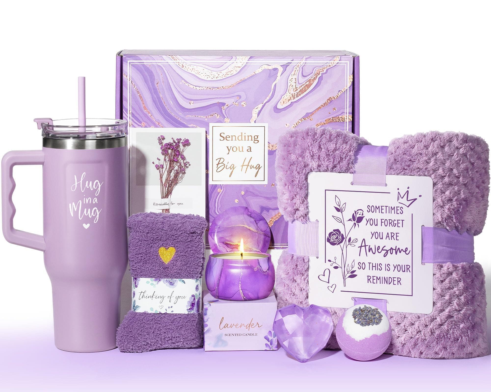 Birthday Gifts for Women Self Care Get Well Soon Gifts, Lavender Relaxing Spa Bath Gift Basket Care Package w/ Flannel Blanket 40 OZ Tumbler, Mother's Day Gift for Mom Her Wife Girlfriend Grandma
